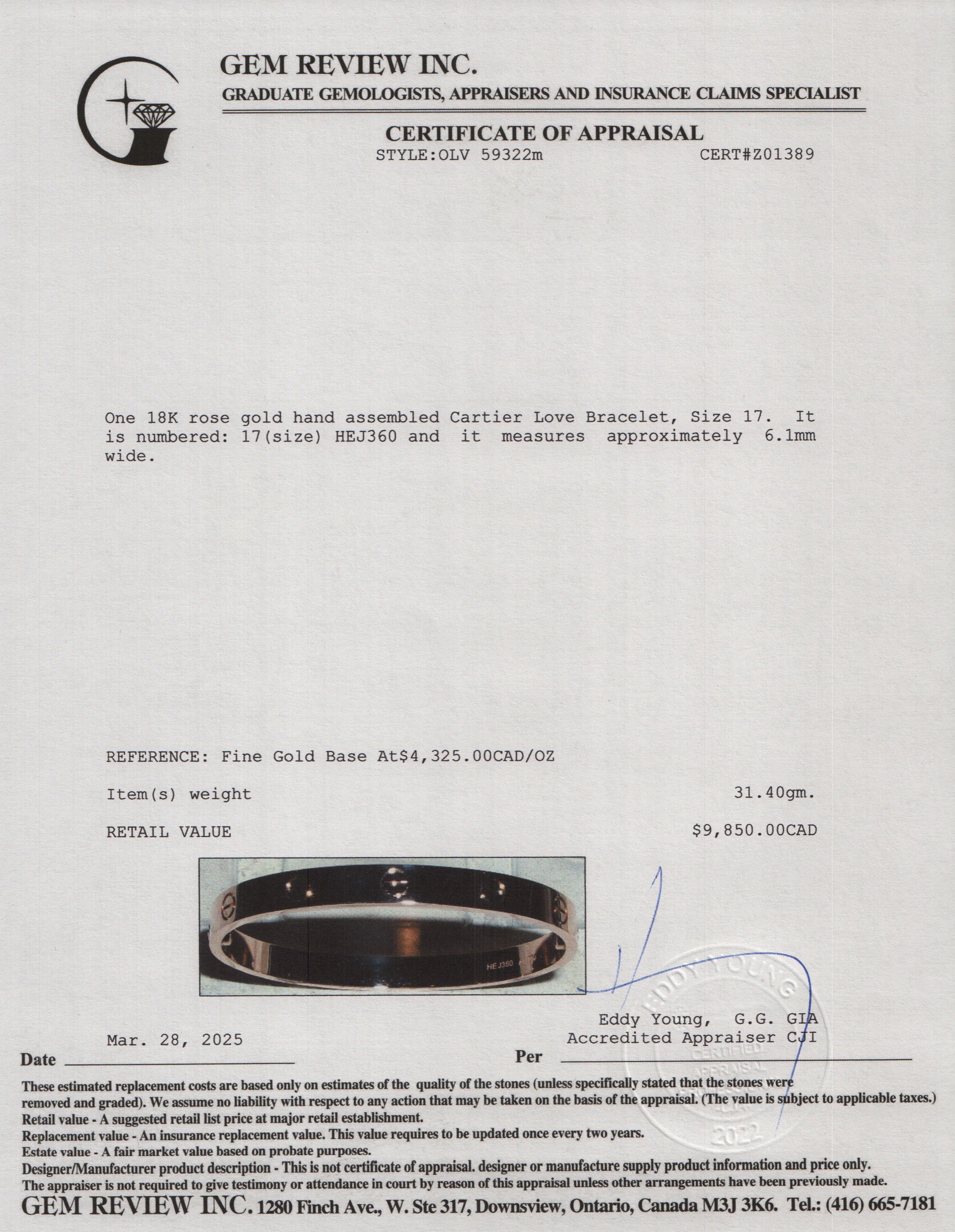 Cartier 18k Rose Gold Love Bracelet, Size 17 w/ Box & Certificate