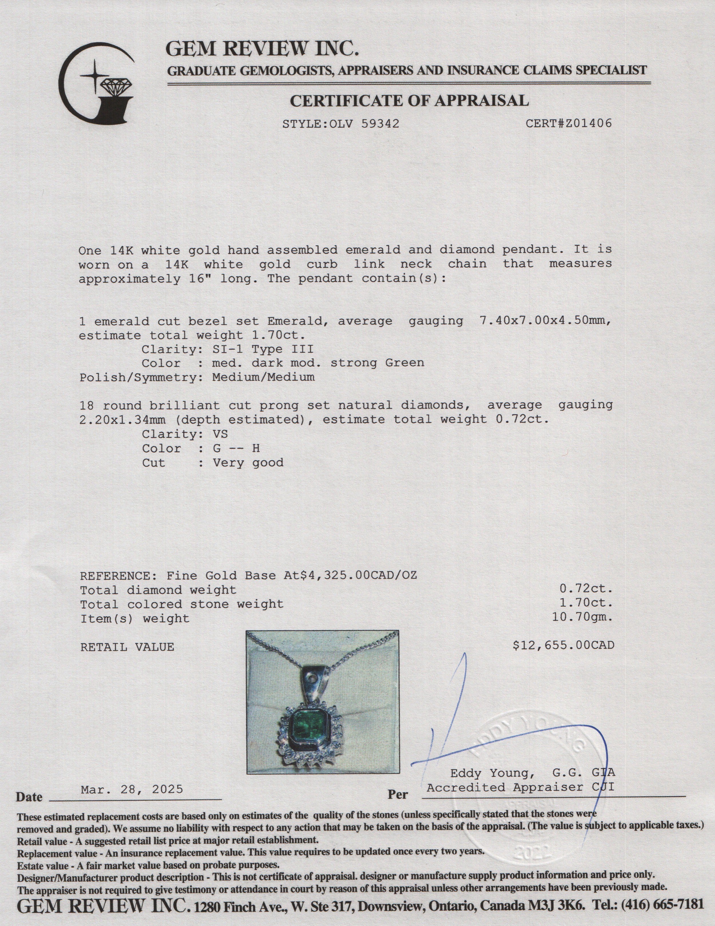 14k White Gold Emerald & Diamond Pendant Necklace