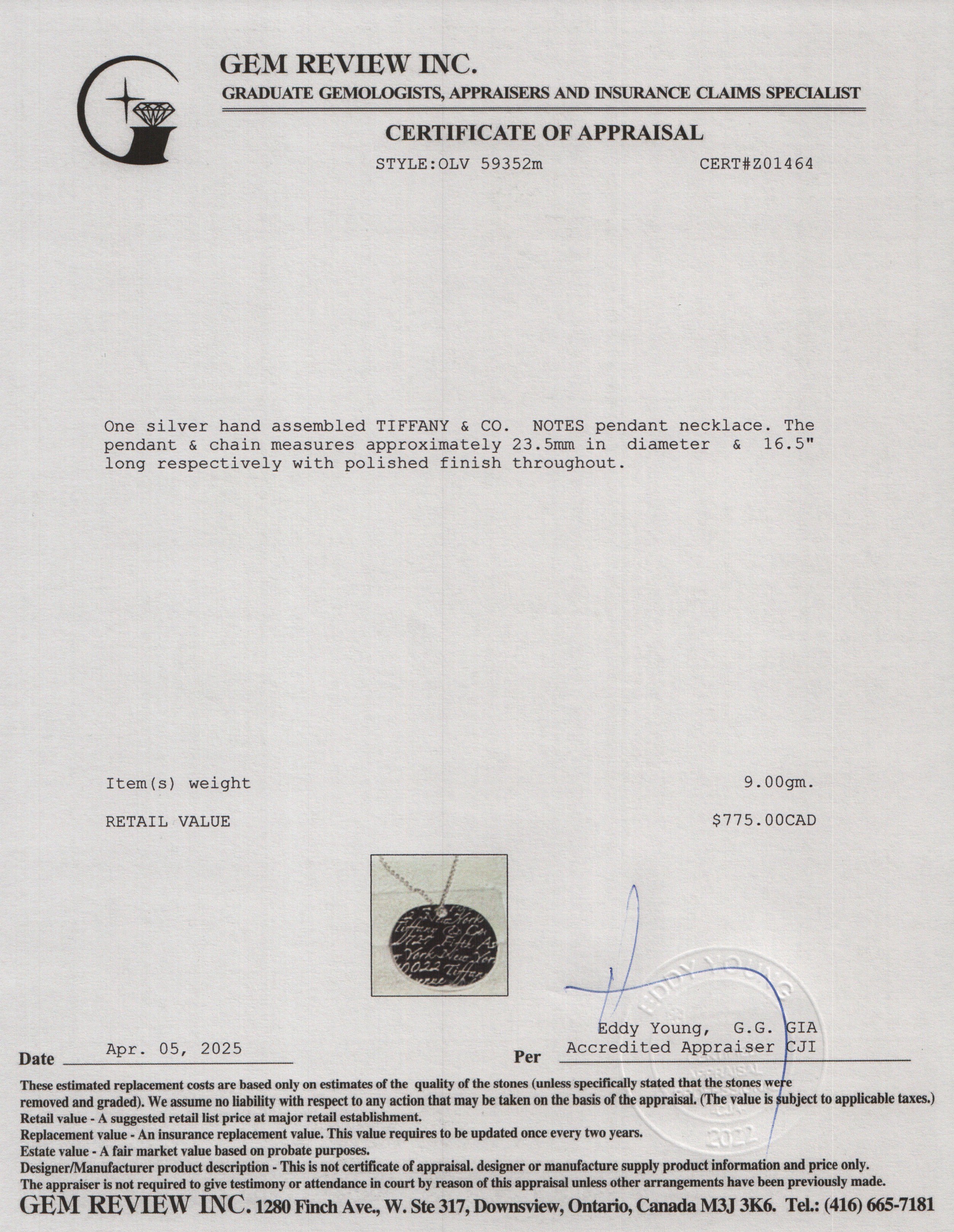 Tiffany & Co. Sterling Silver Small Notes Round Pendant Necklace