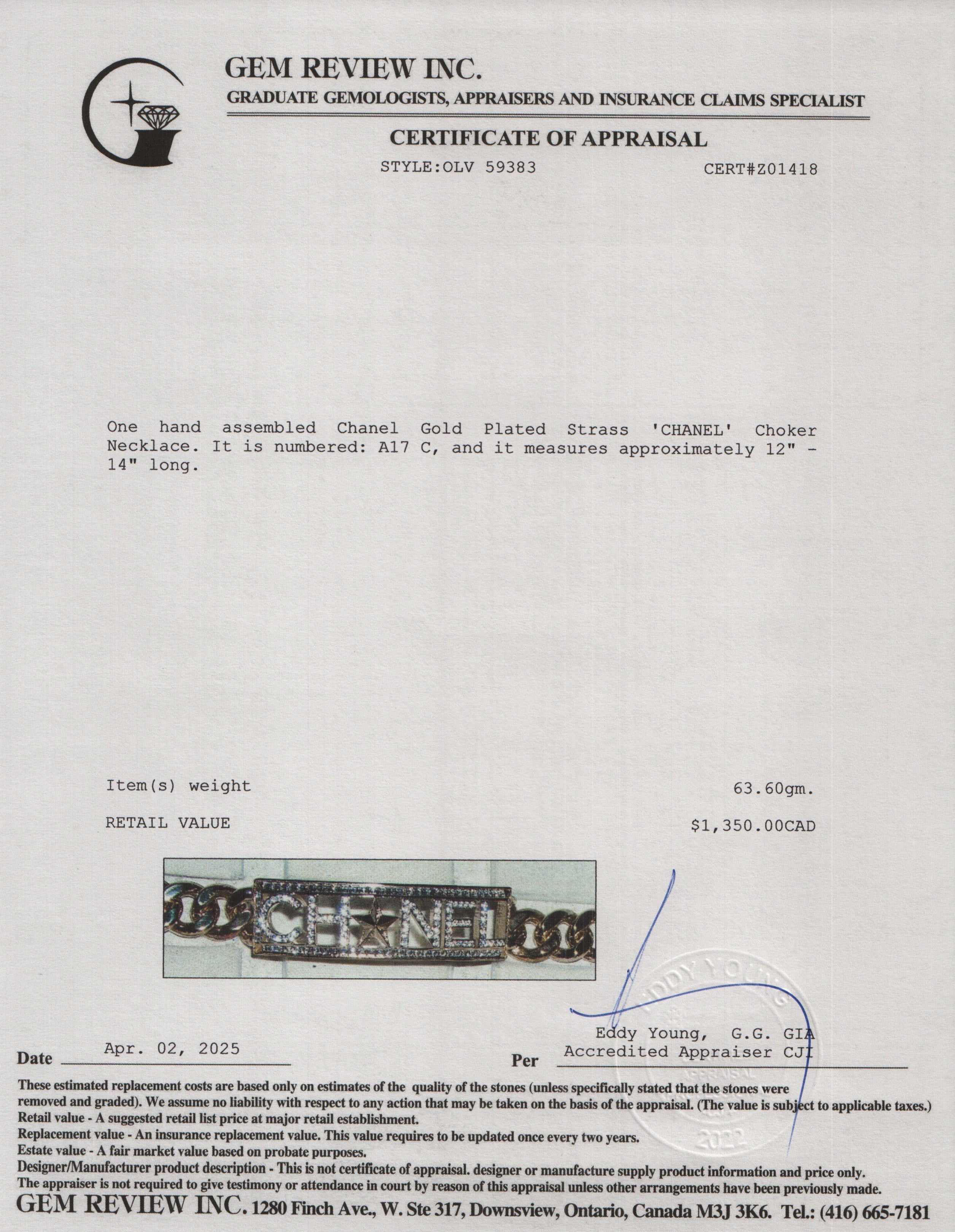 Chanel Gold Plated Strass 'CHANEL' Choker Necklace w/ Box