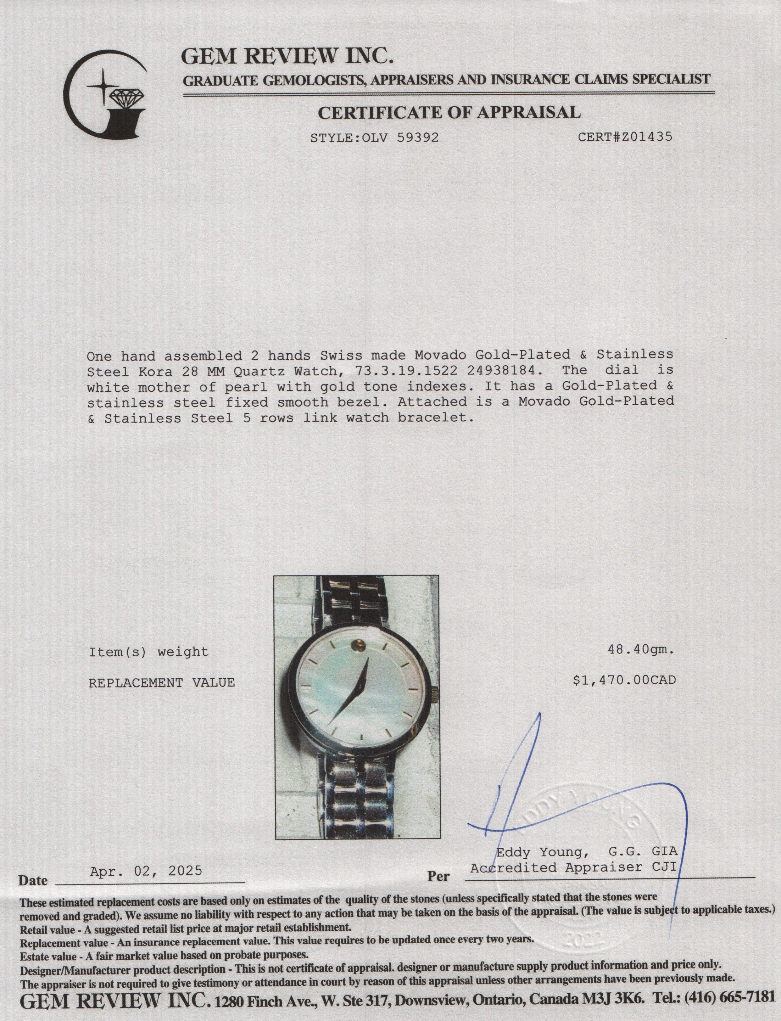 Movado Gold-Plated & Stainless Steel Kora 28 MM Quartz Watch Mother of Pearl Dial