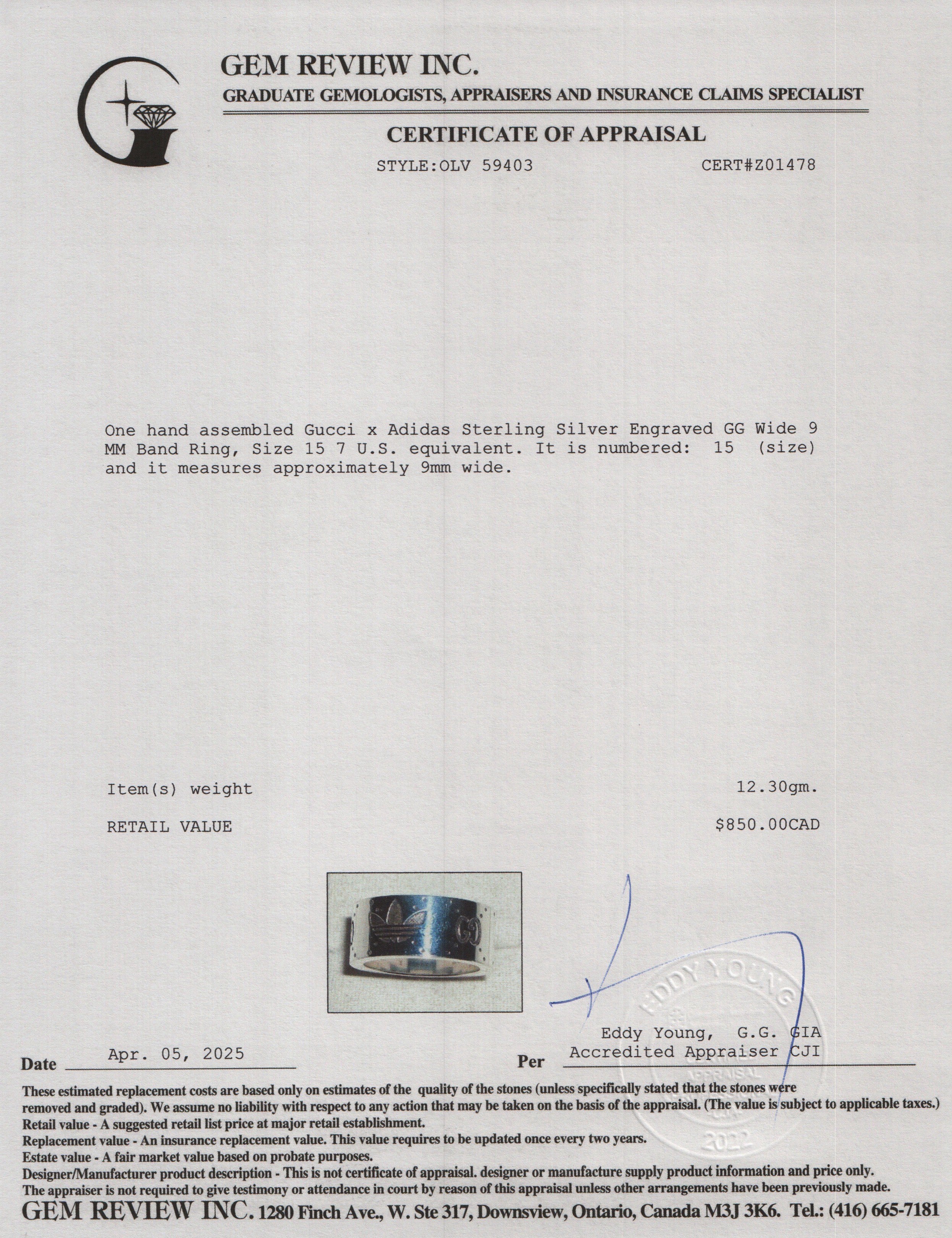 Gucci x Adidas Sterling Silver Engraved GG Wide 9 MM Band Ring, Size 15 7 w/ Box