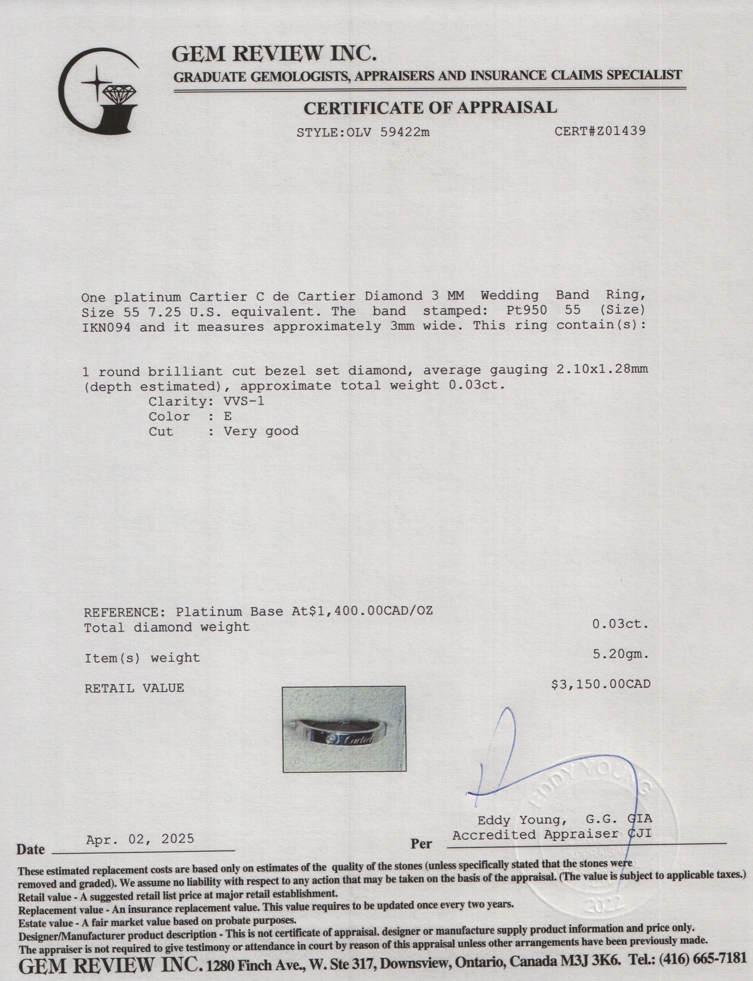 Cartier Platinum C de Cartier Diamond 3 MM Wedding Band Ring, Size 55 7.25