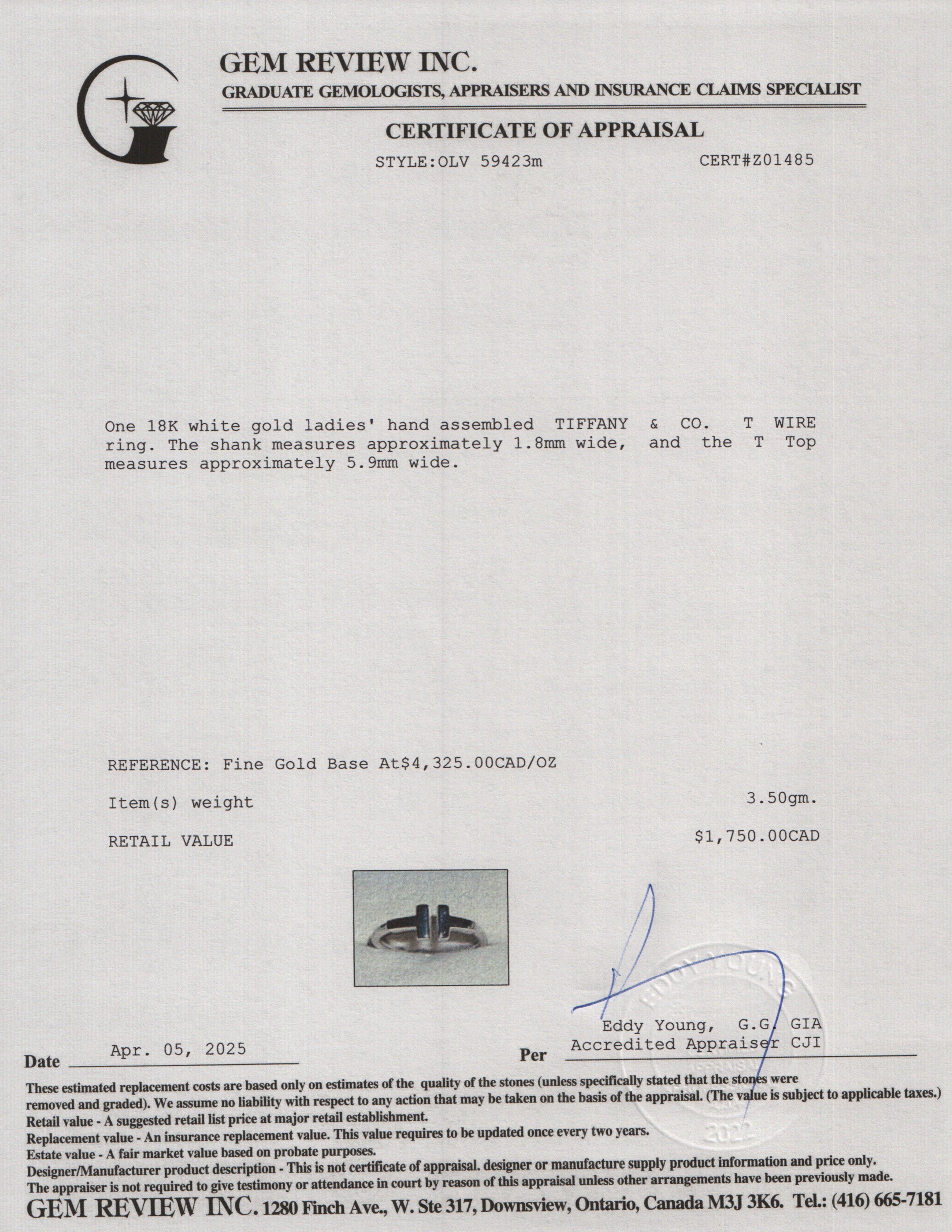 Tiffany & Co. 18k White Gold T Wire Ring, Size 6.75 w/ Box