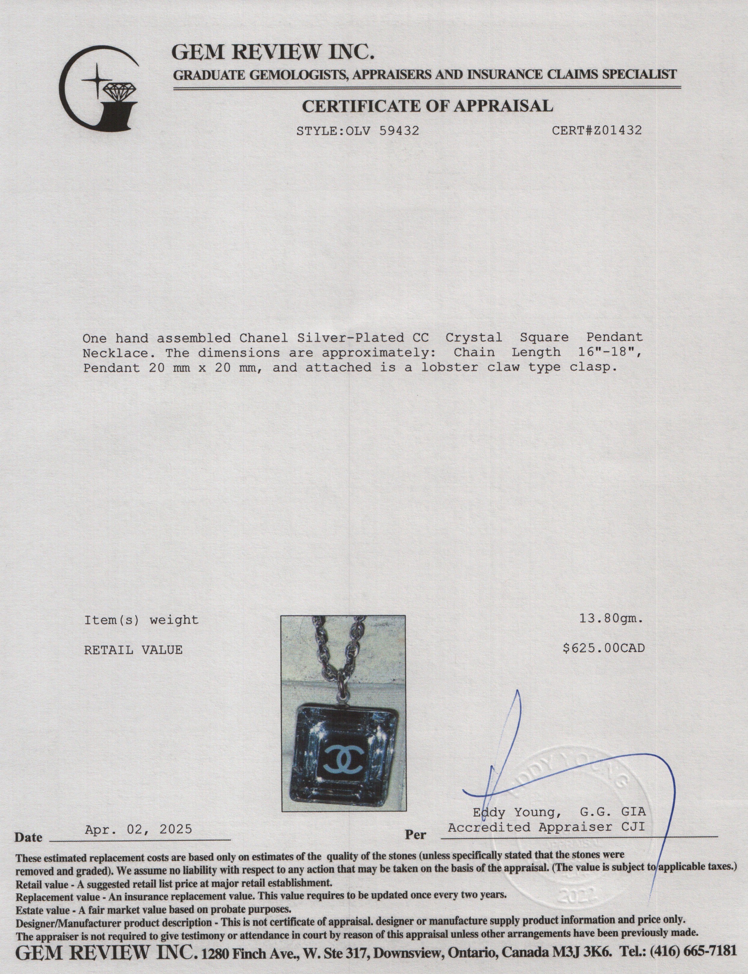 Chanel Silver-Plated CC Crystal Square Pendant Necklace w/ Box