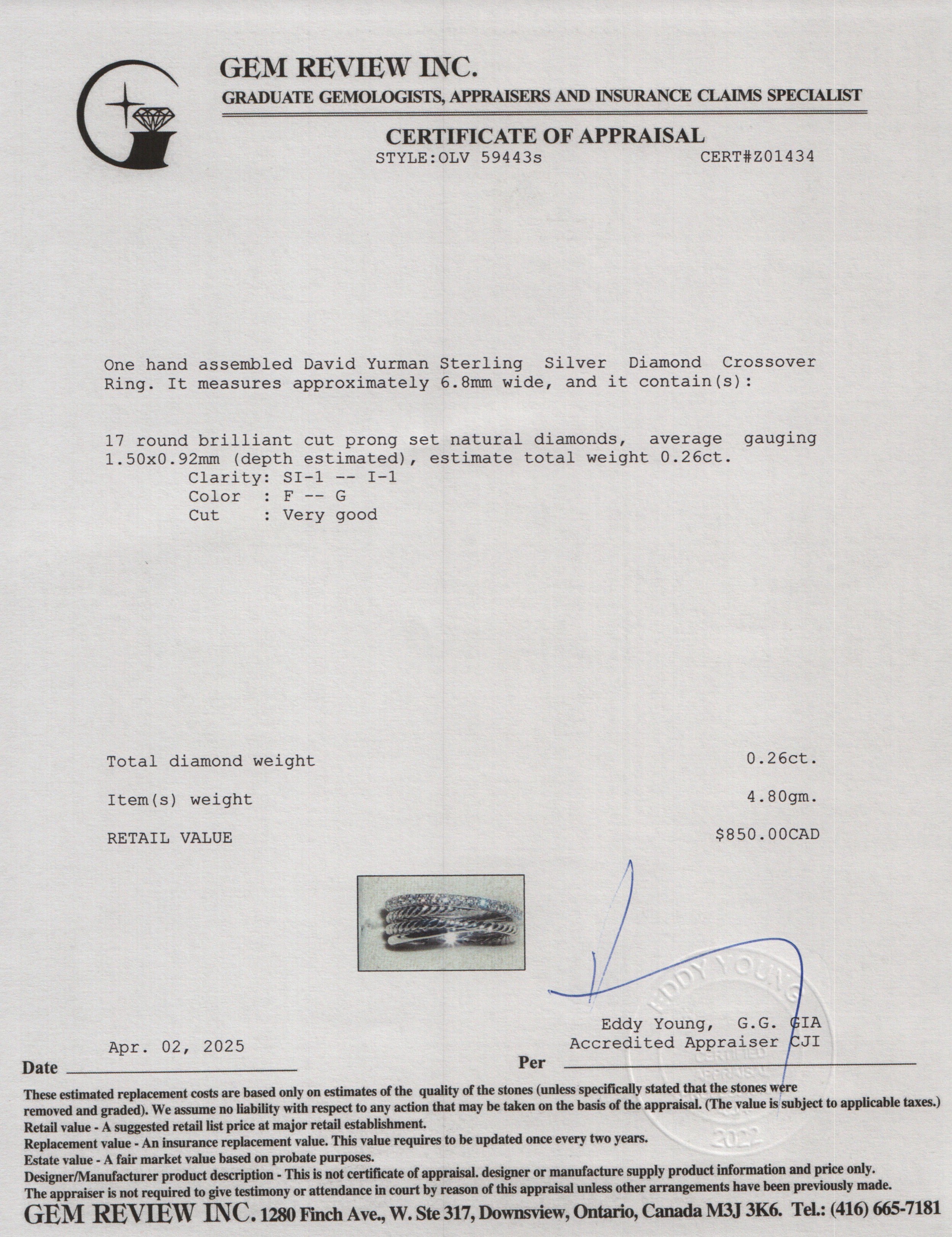 David Yurman Sterling Silver Diamond Crossover Ring, Size 7