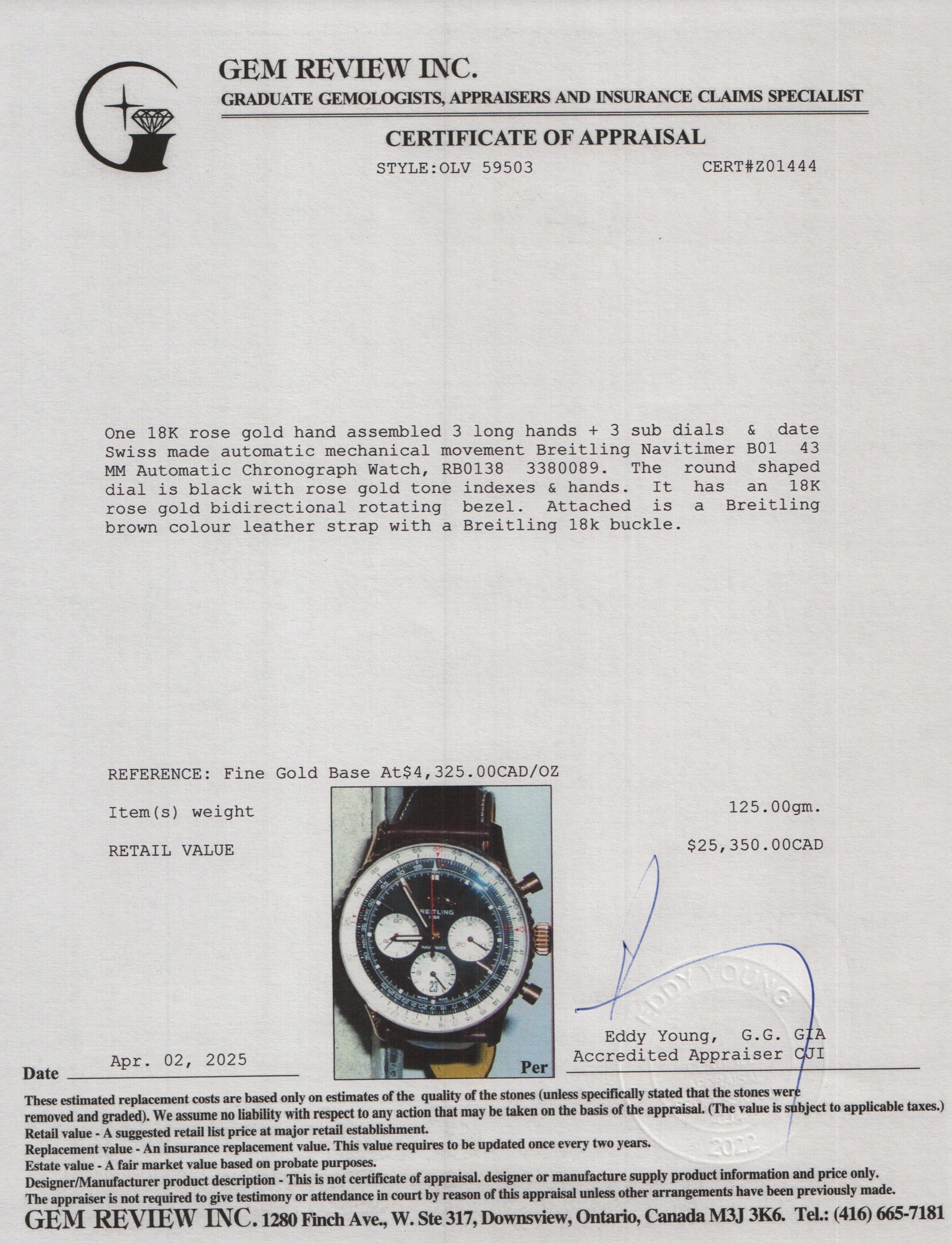 Breitling 18k Rose Gold Navitimer B01 43 MM Automatic Chronograph Watch Black Dial RB0138 w/ Box, Papers & Extra Strap