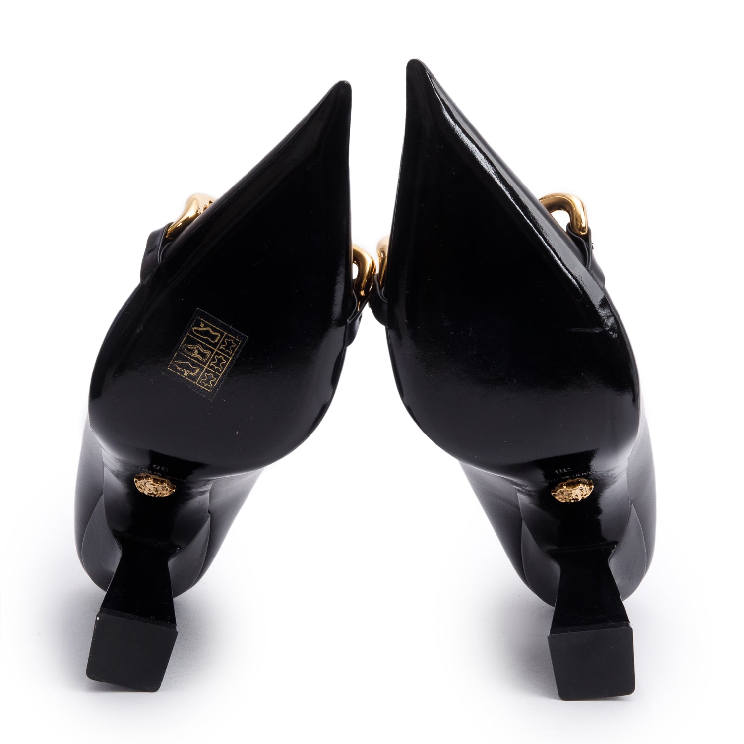 Versace Black Leather Medusa Chain Link Accent Pumps, Size 38 w/ Box