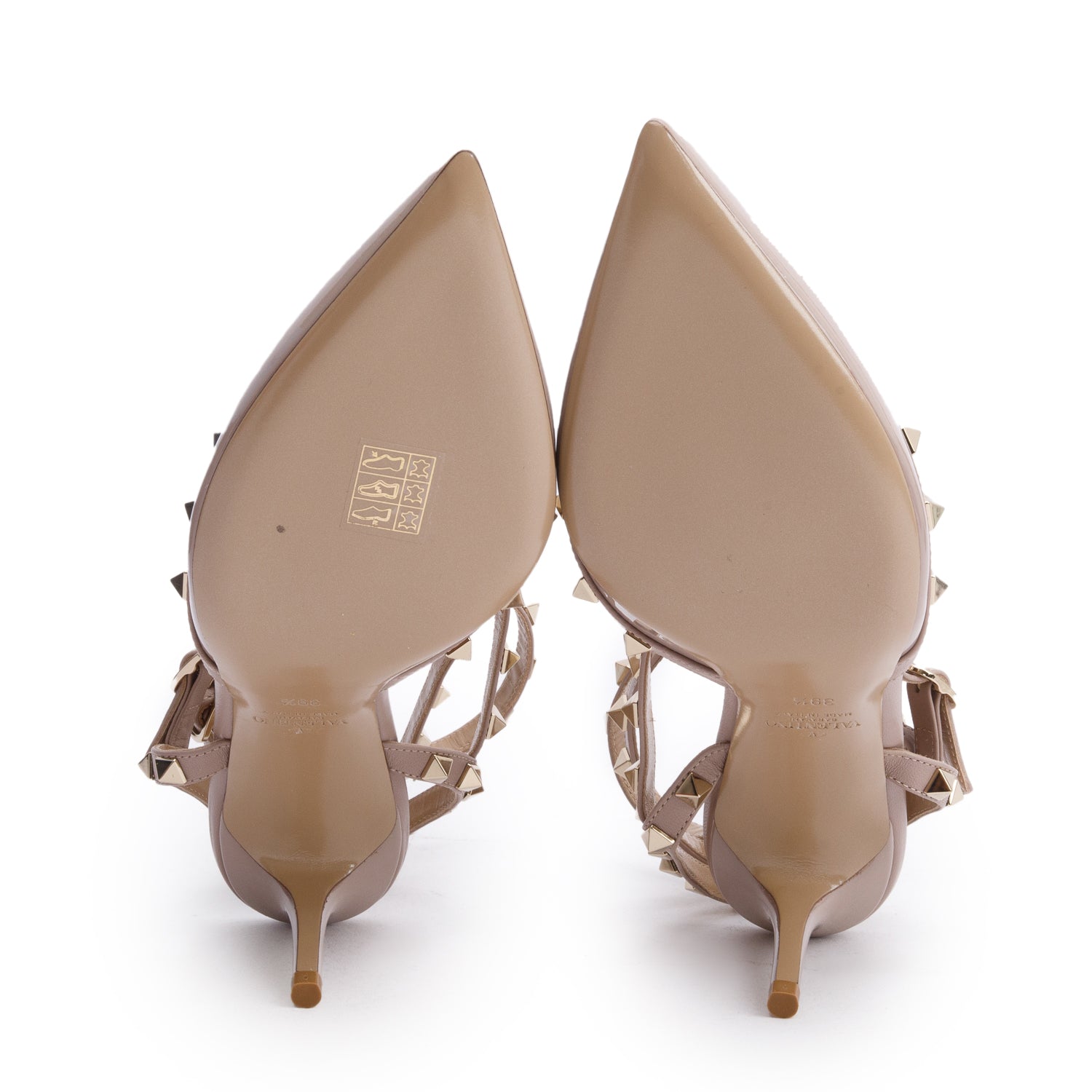 Valentino Beige Patent Leather Rockstud Ankle Strap Pumps, Size 39.5 w/ Box
