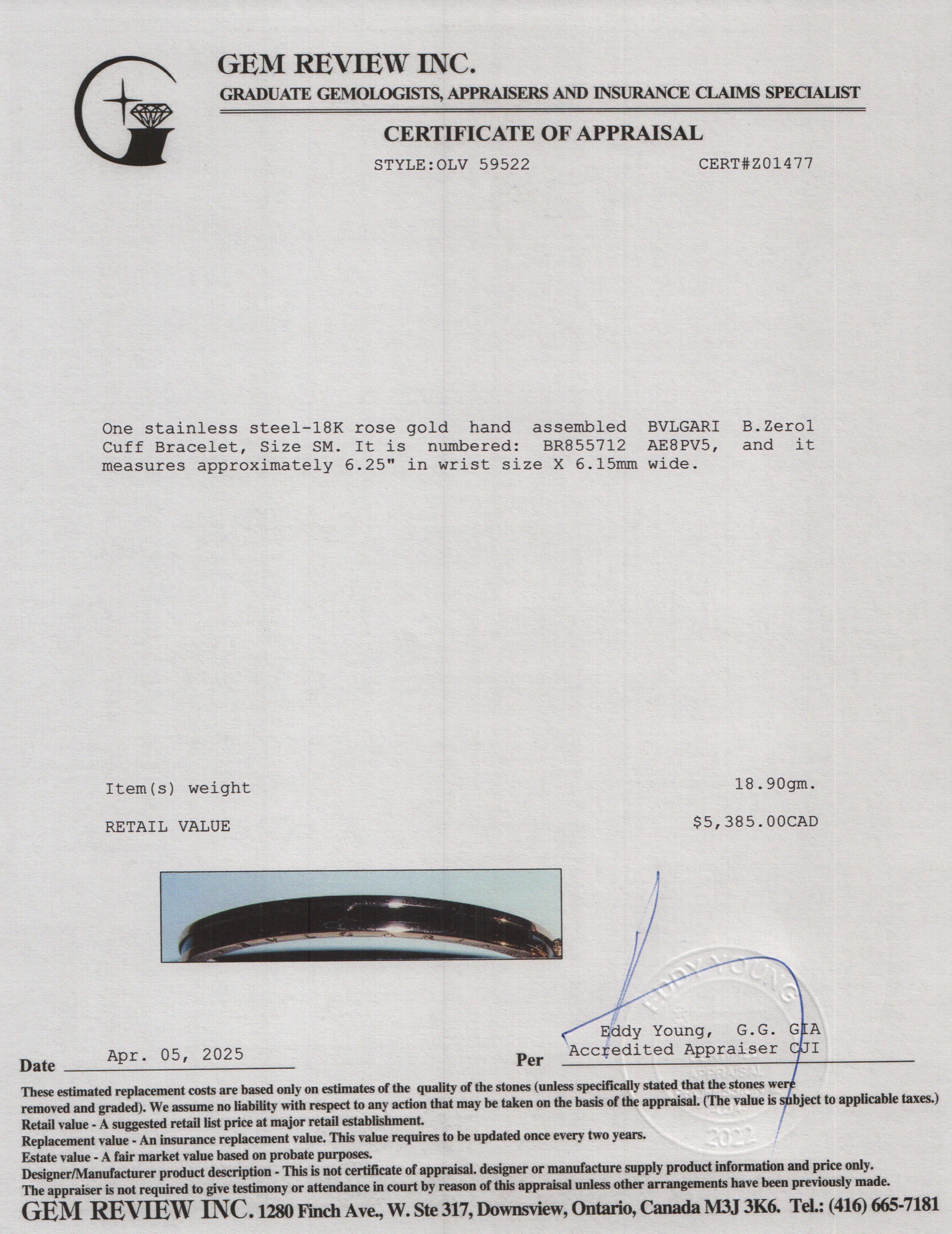 BVLGARI 18k Rose Gold & Steel B.Zero1 Cuff Bracelet, Size SM w/ Box & Certificate