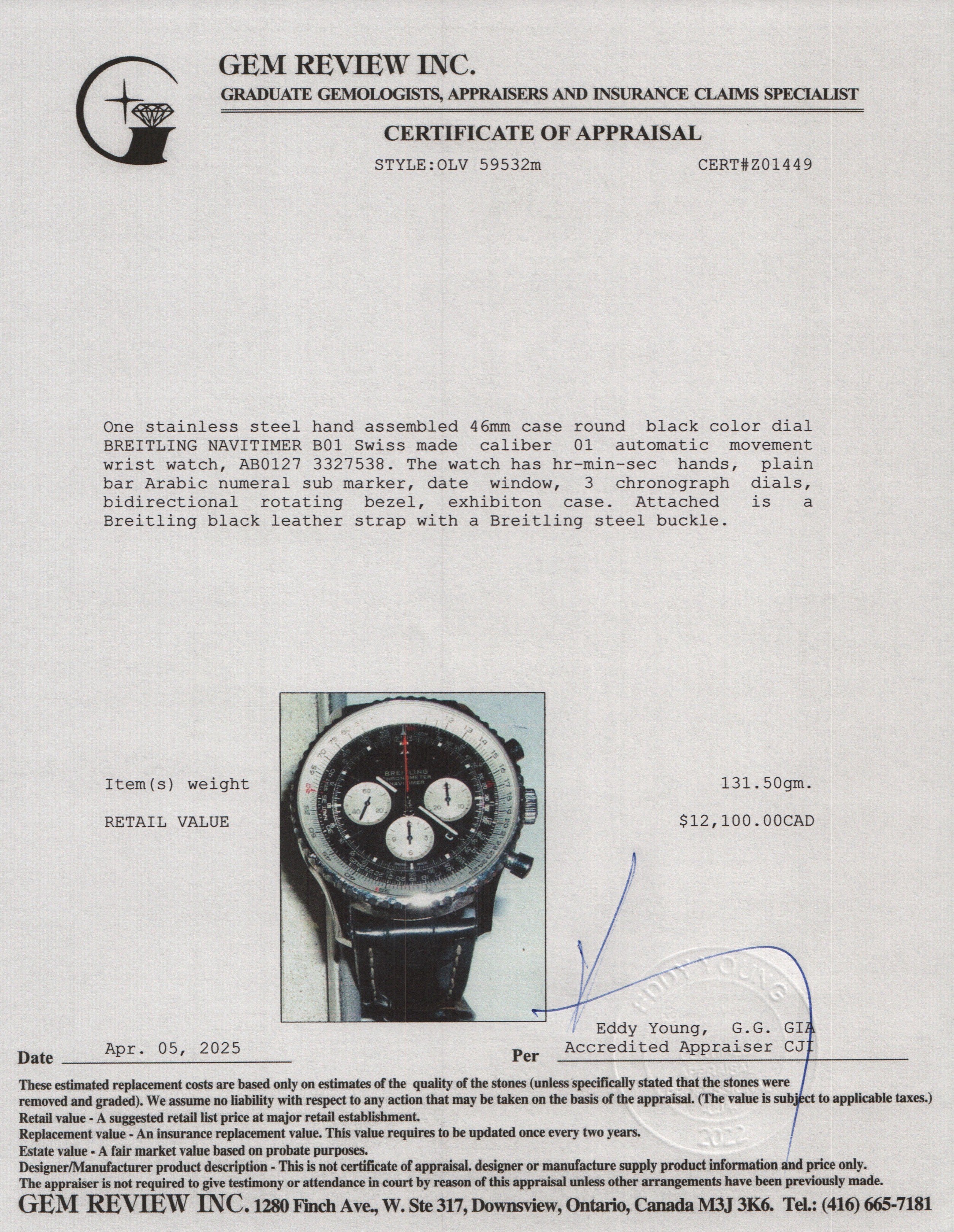 Breitling Stainless Steel Navitimer 46 MM Automatic Chronograph Watch Black Dial AB0127 w/ Box & Papers