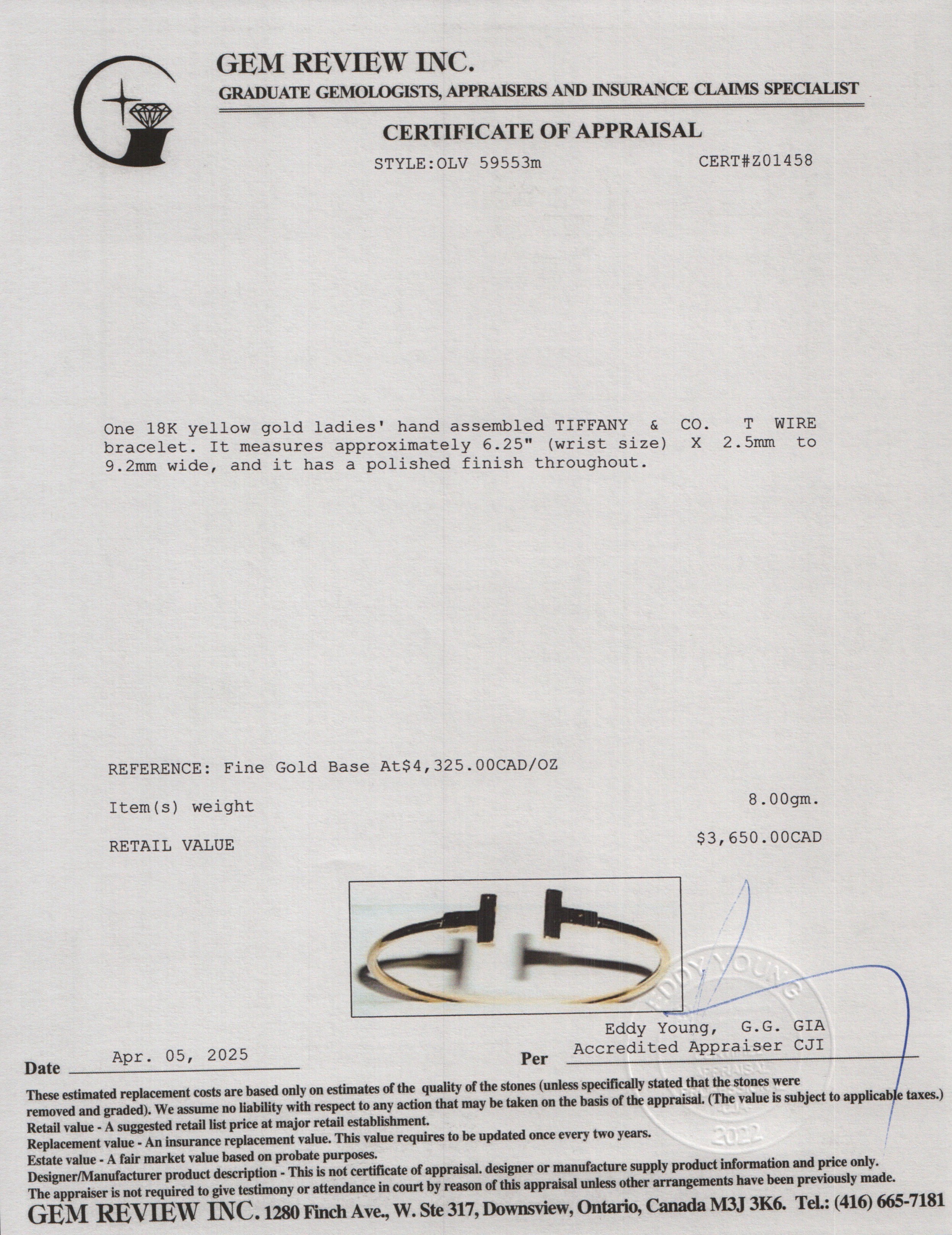 Tiffany & Co. 18k Yellow Gold T Wire Bracelet w/ Box