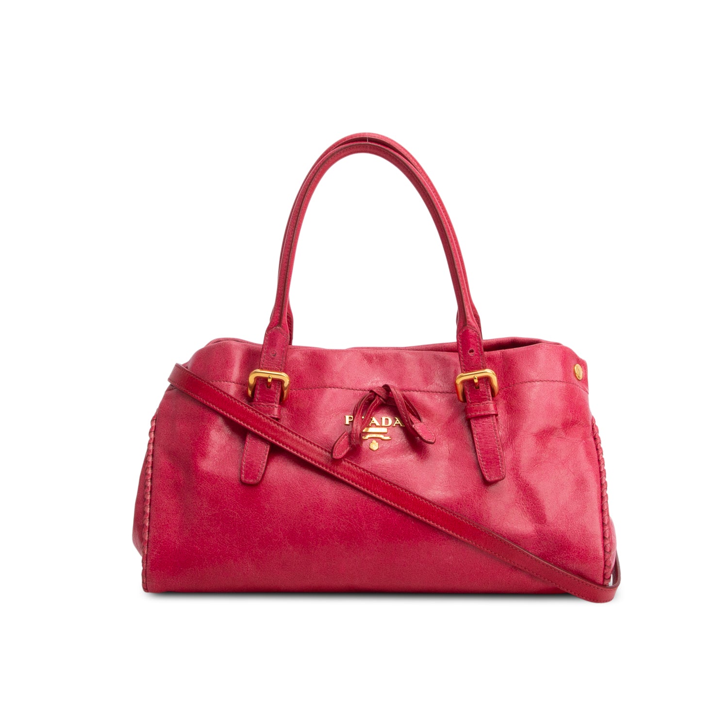 Prada Red Vitello Shine Leather Whipstitch Bow Tote w/ Strap