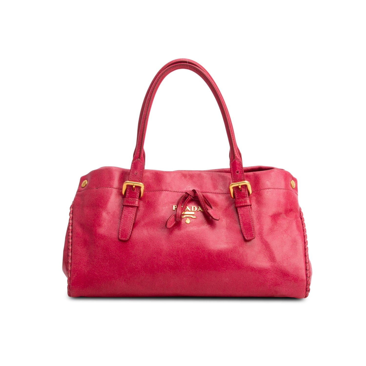 Prada Red Vitello Shine Leather Whipstitch Bow Tote w/ Strap