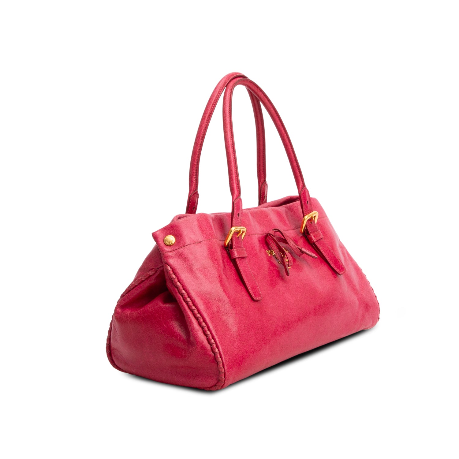 Prada Red Vitello Shine Leather Whipstitch Bow Tote w/ Strap
