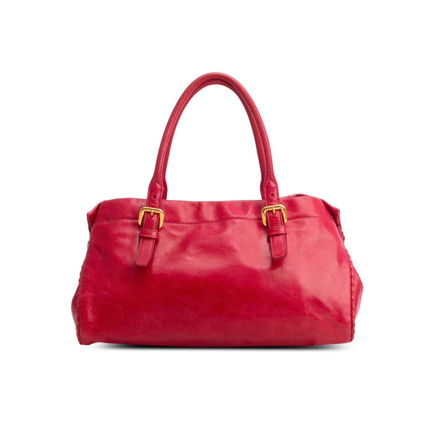 Prada Red Vitello Shine Leather Whipstitch Bow Tote w/ Strap
