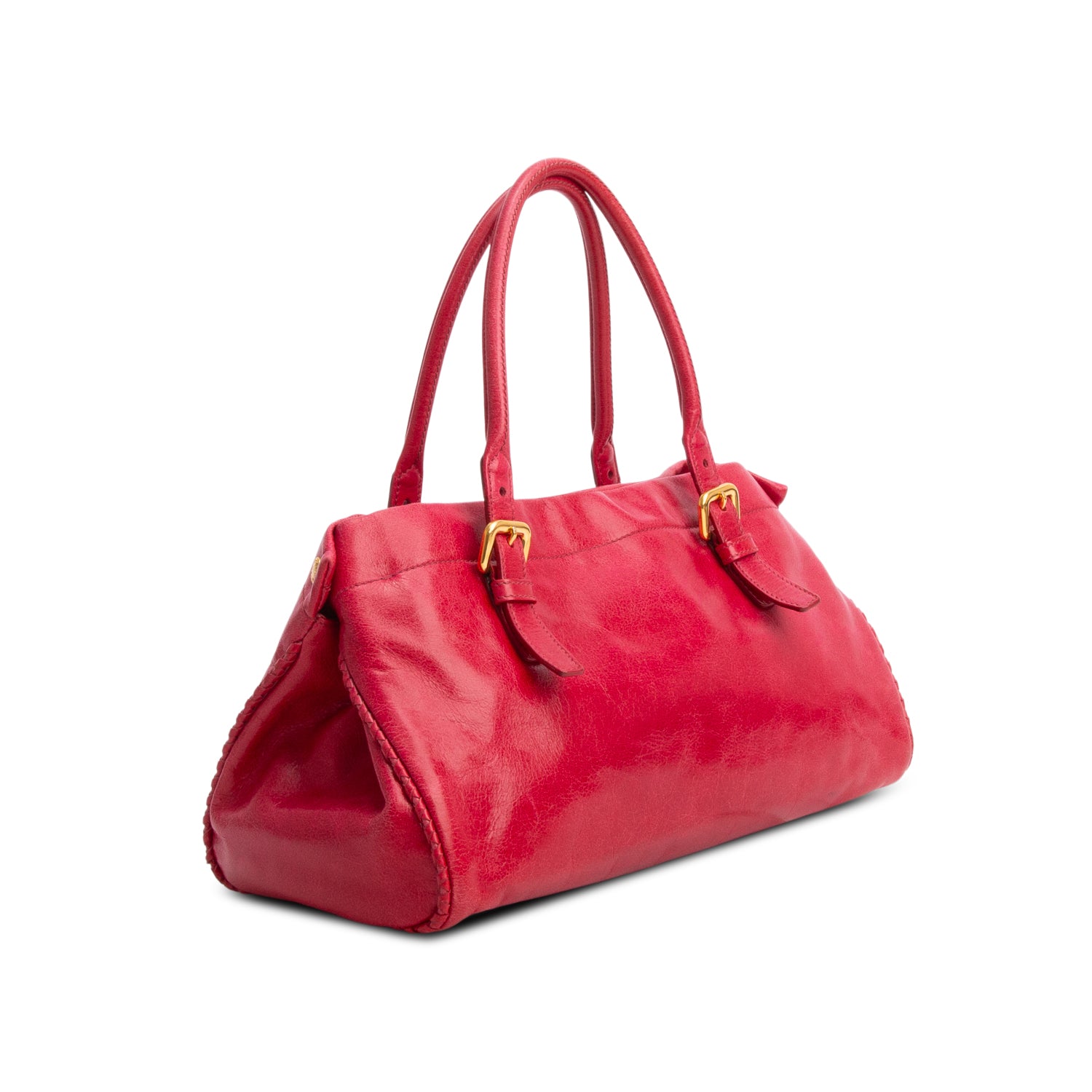 Prada Red Vitello Shine Leather Whipstitch Bow Tote w/ Strap