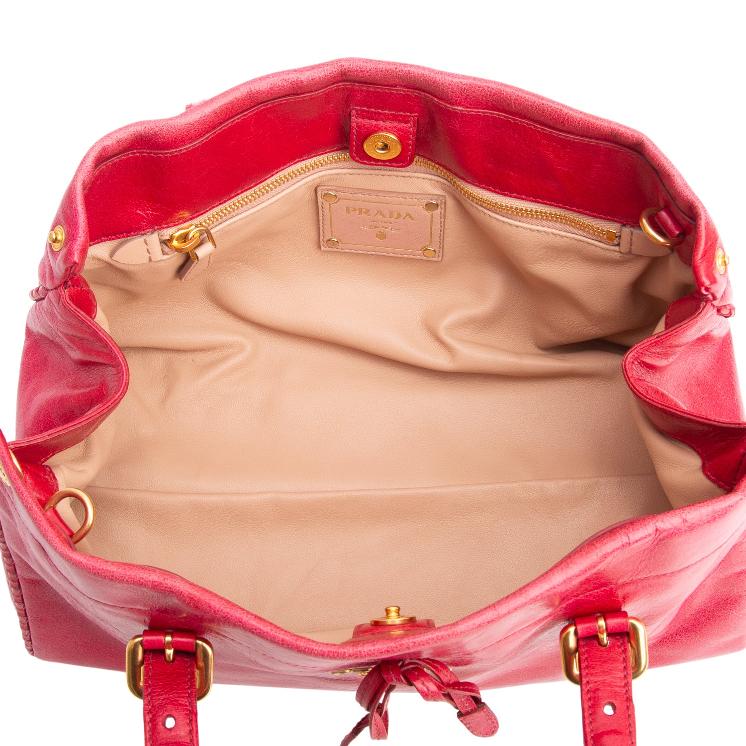 Prada Red Vitello Shine Leather Whipstitch Bow Tote w/ Strap