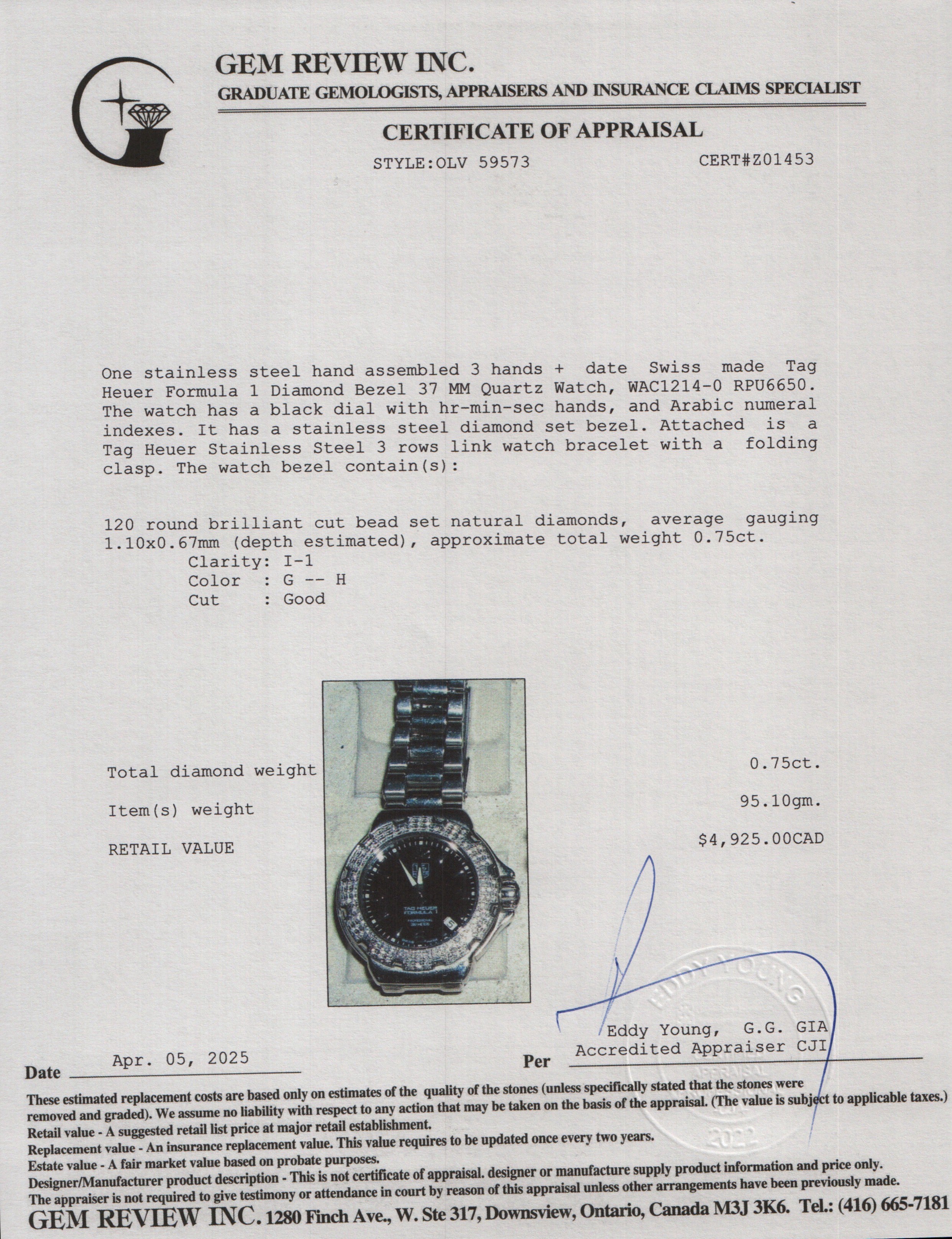 Tag Heuer Stainless Steel Formula 1 Diamond Bezel 37 MM Quartz Watch WAC1214-0 w/ Box & Papers