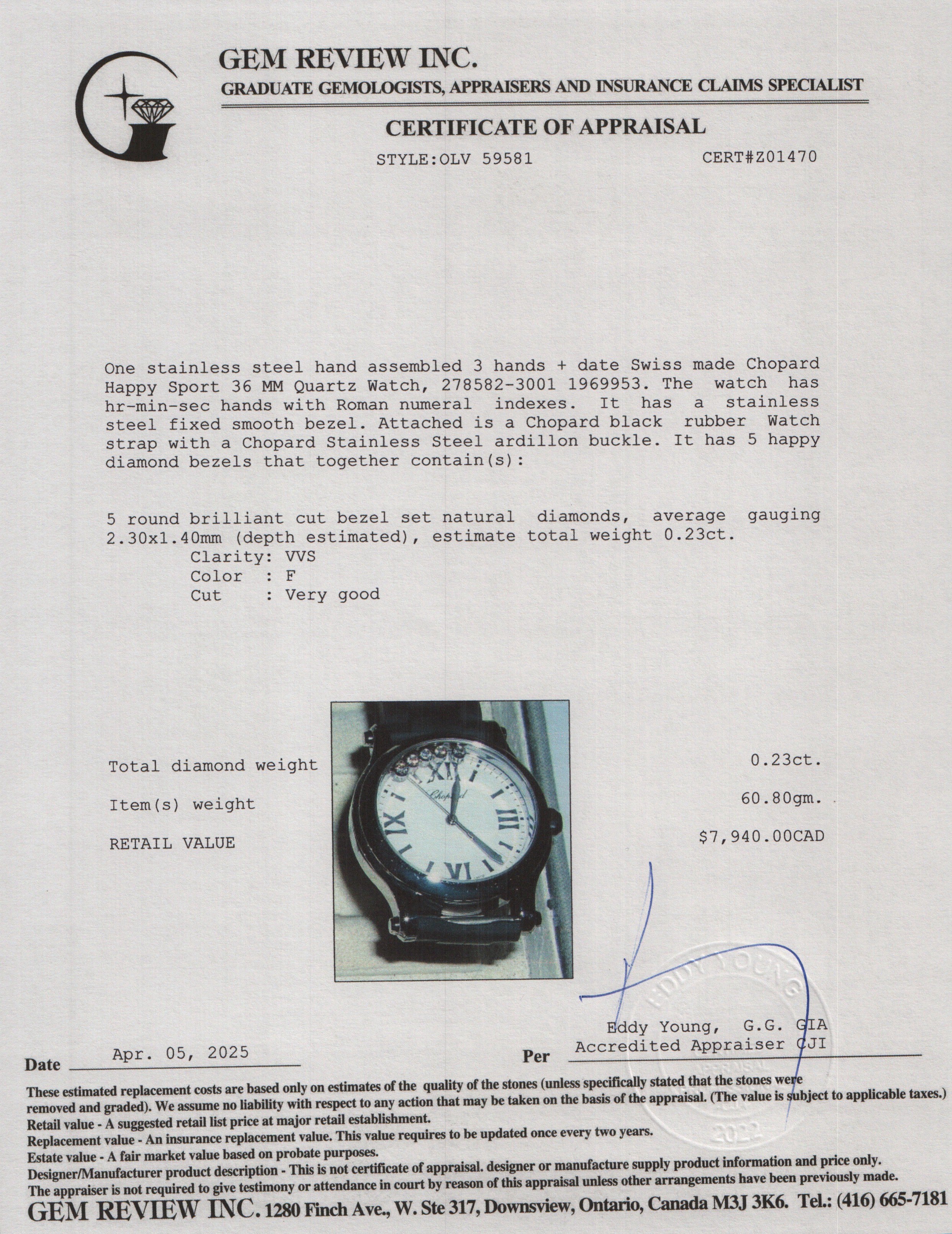 Chopard Stainless Steel Diamond Happy Sport 36 MM Quartz Watch w/ Box, Papers & Extra Strap