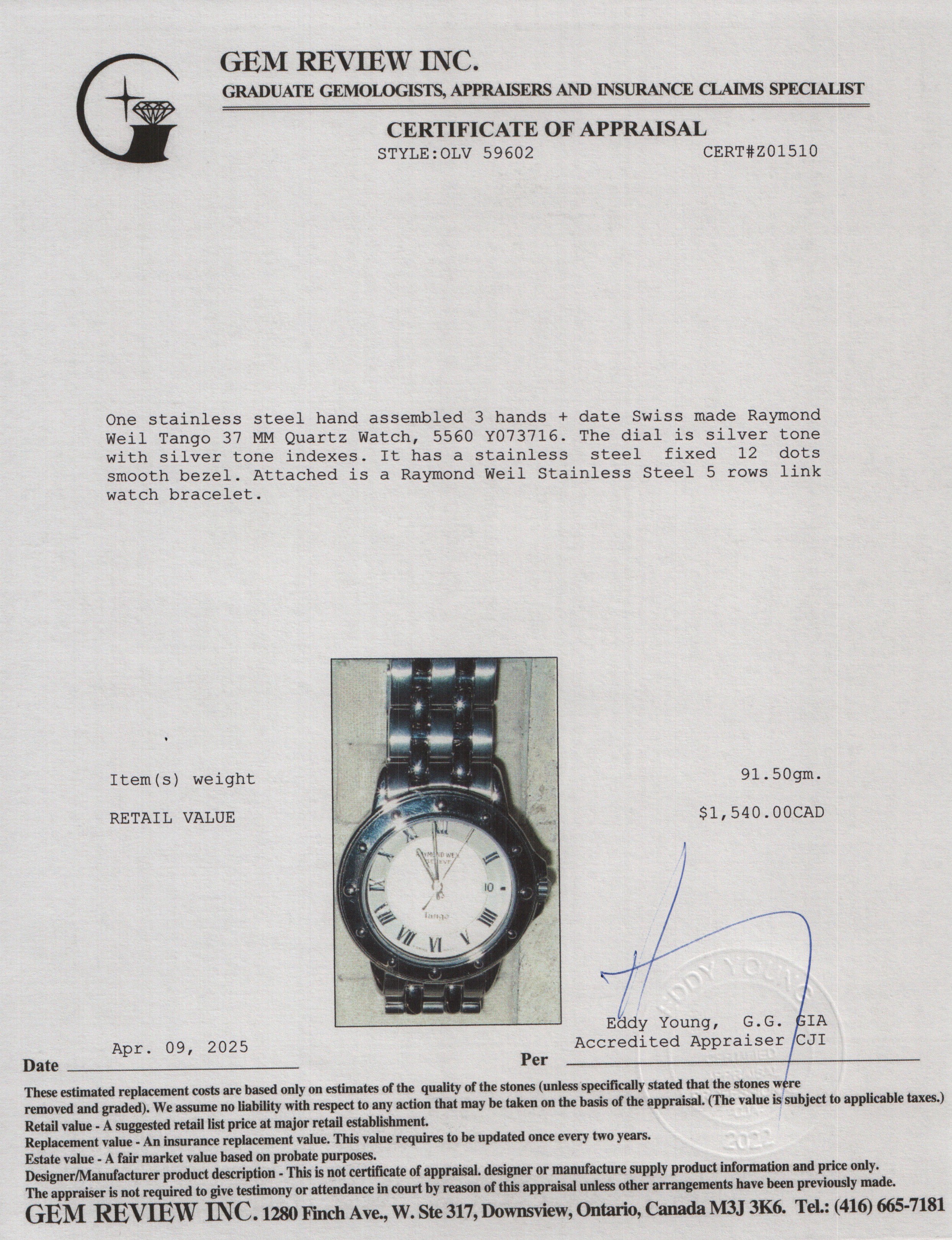 Raymond Weil Stainless Steel Tango 37 MM Quartz Watch w/ Box & Papers