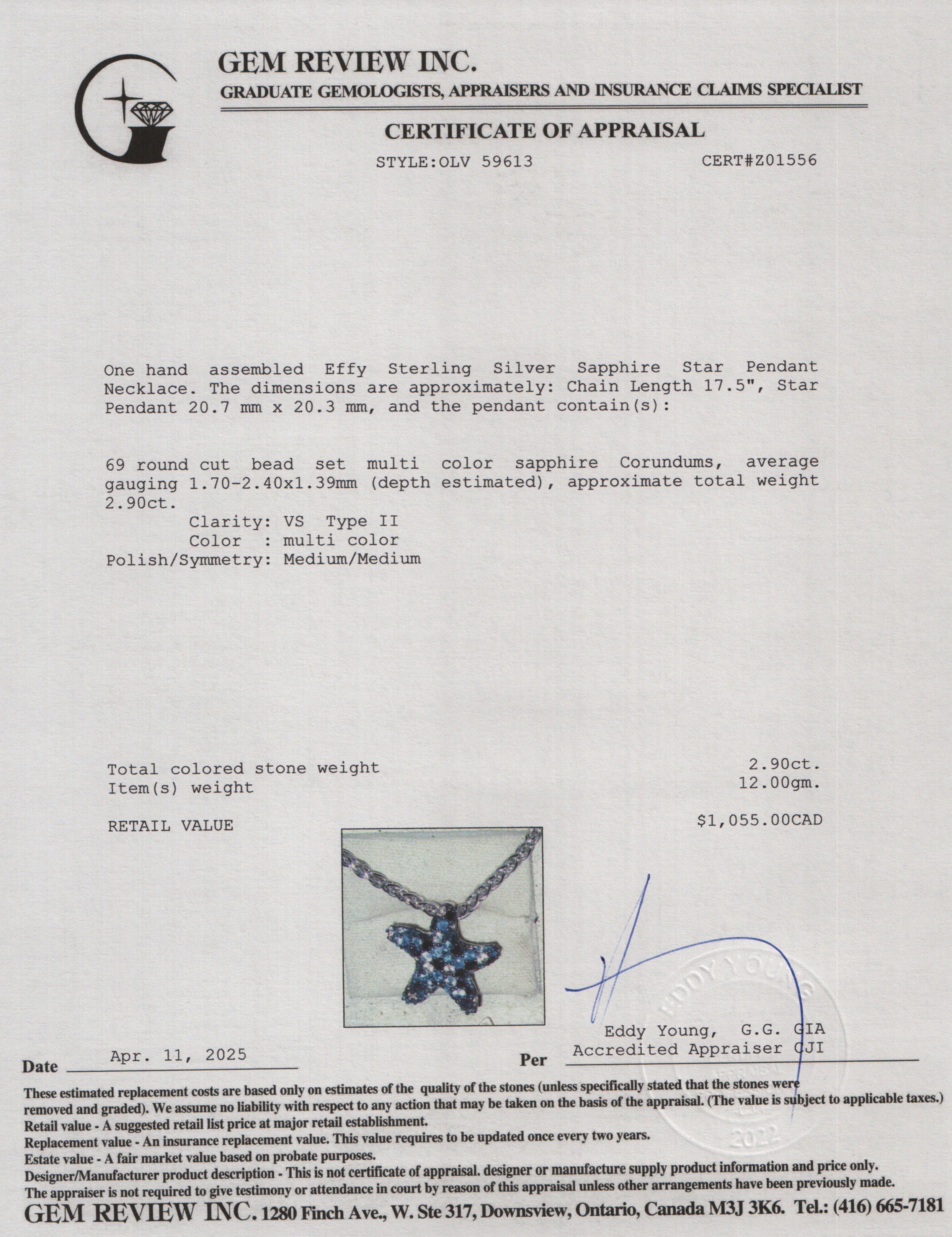 Effy Sterling Silver Sapphire Star Pendant Necklace w/ Box