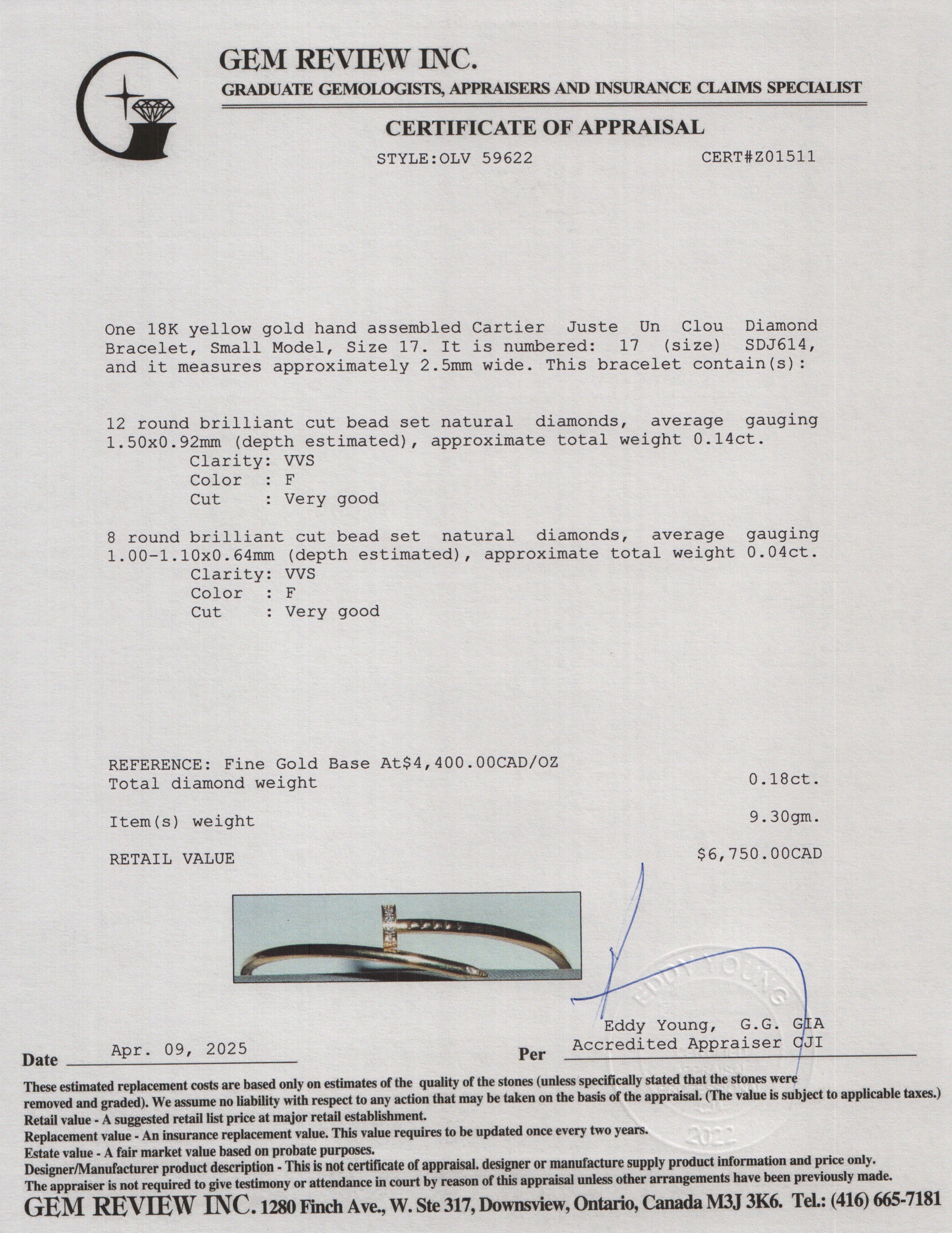 Cartier 18k Yellow Gold Juste Un Clou Diamond Bracelet, Small Model, Size 17 w/ Box & Certificate
