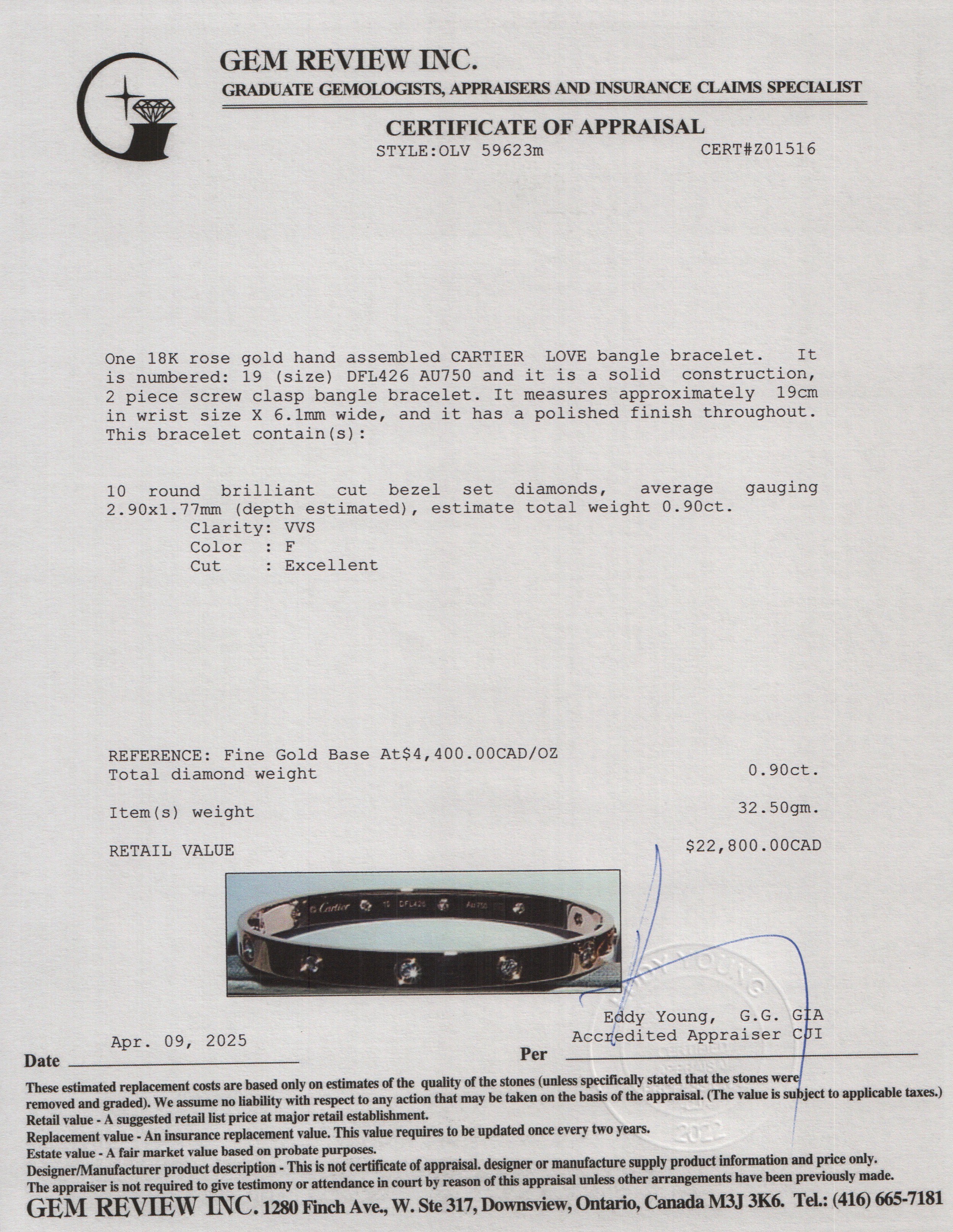 Cartier 18k Rose Gold 10 Diamond Love Bracelet, Size 19 w/ Box & Certificate