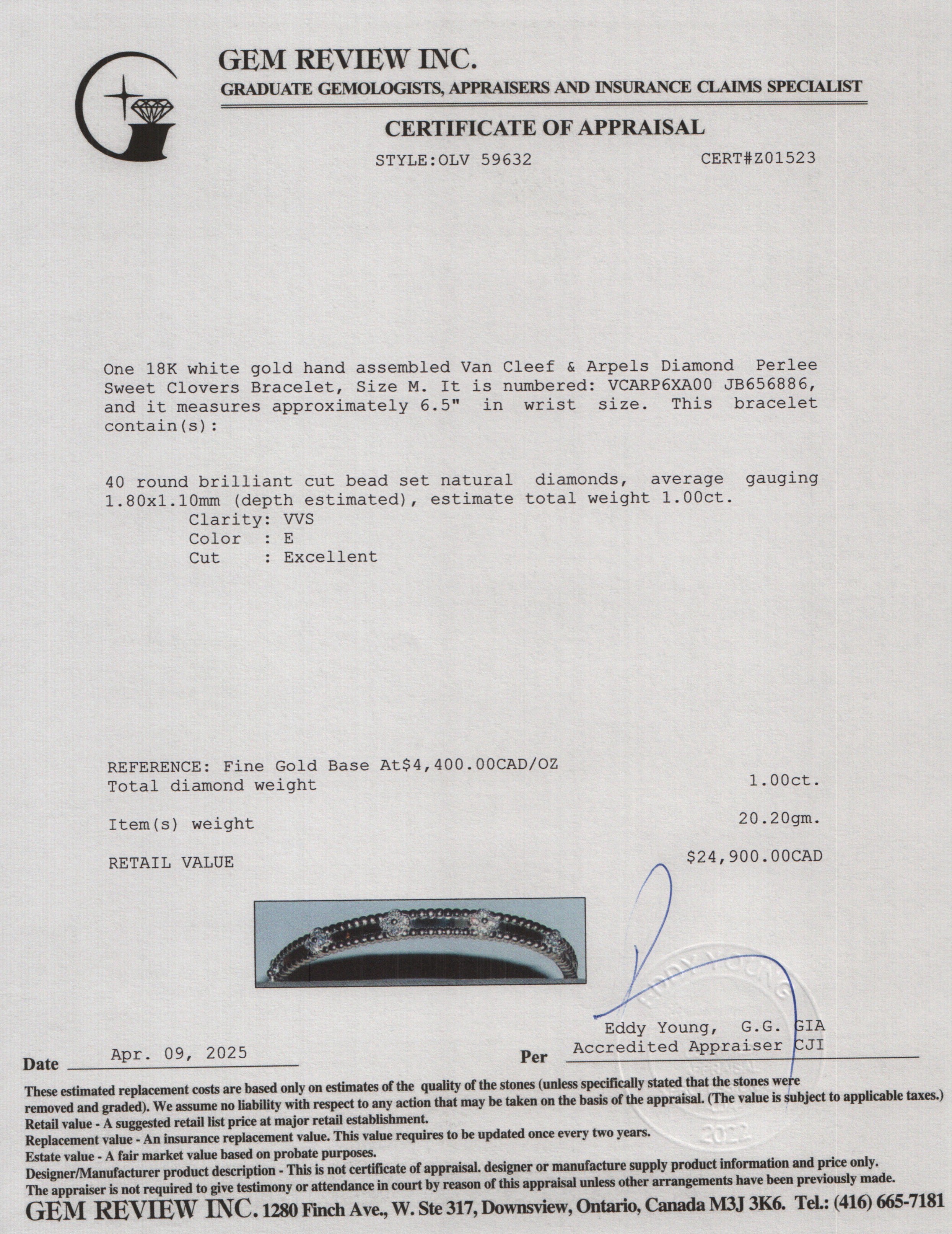 Van Cleef & Arpels 18k White Gold Diamond Perlee Sweet Clovers Bracelet, Size M w/ Certificate