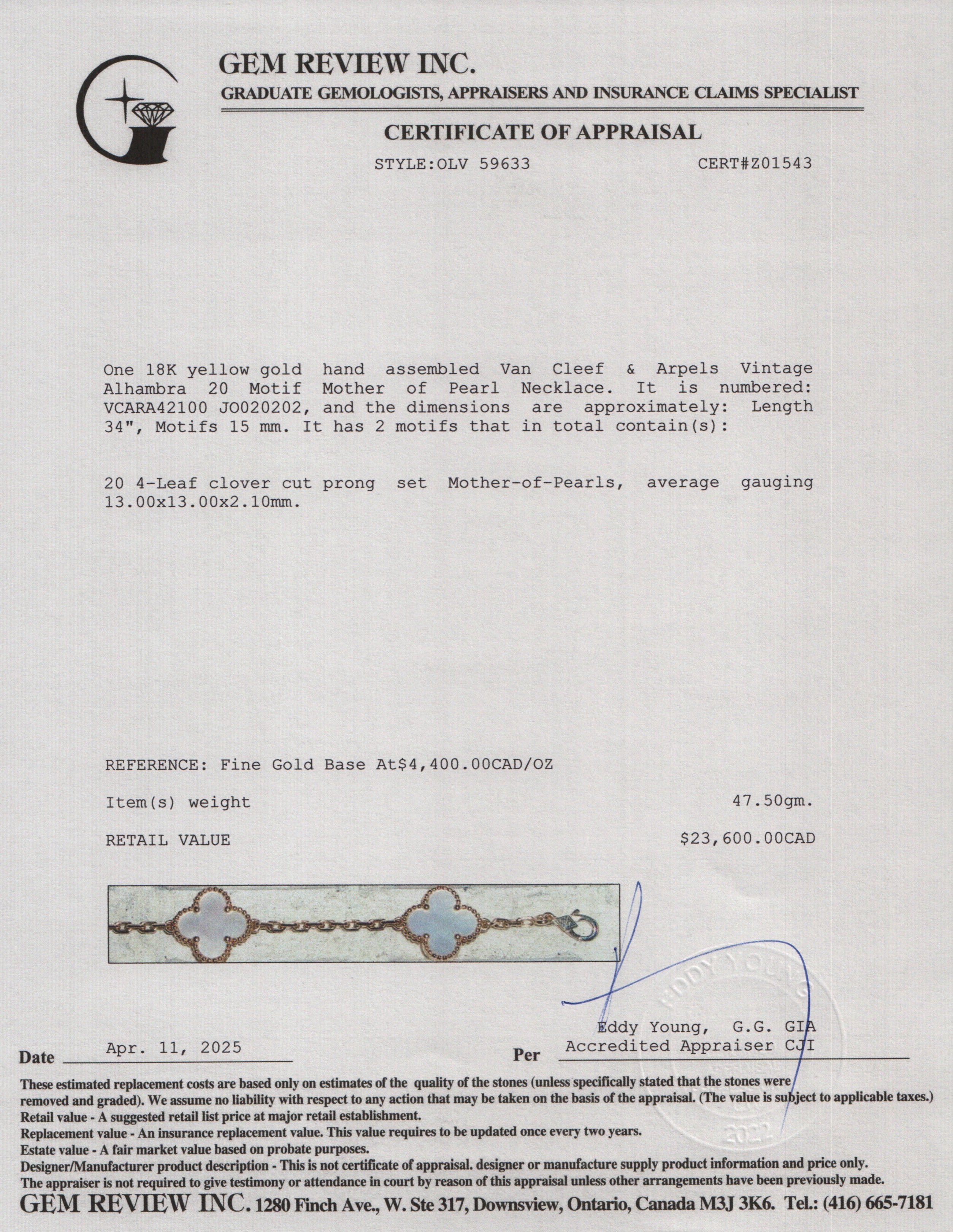 Van Cleef & Arpels 2024 18k Yellow Gold Vintage Alhambra 20 Motif Mother of Pearl Necklace w/ Box & Certificate