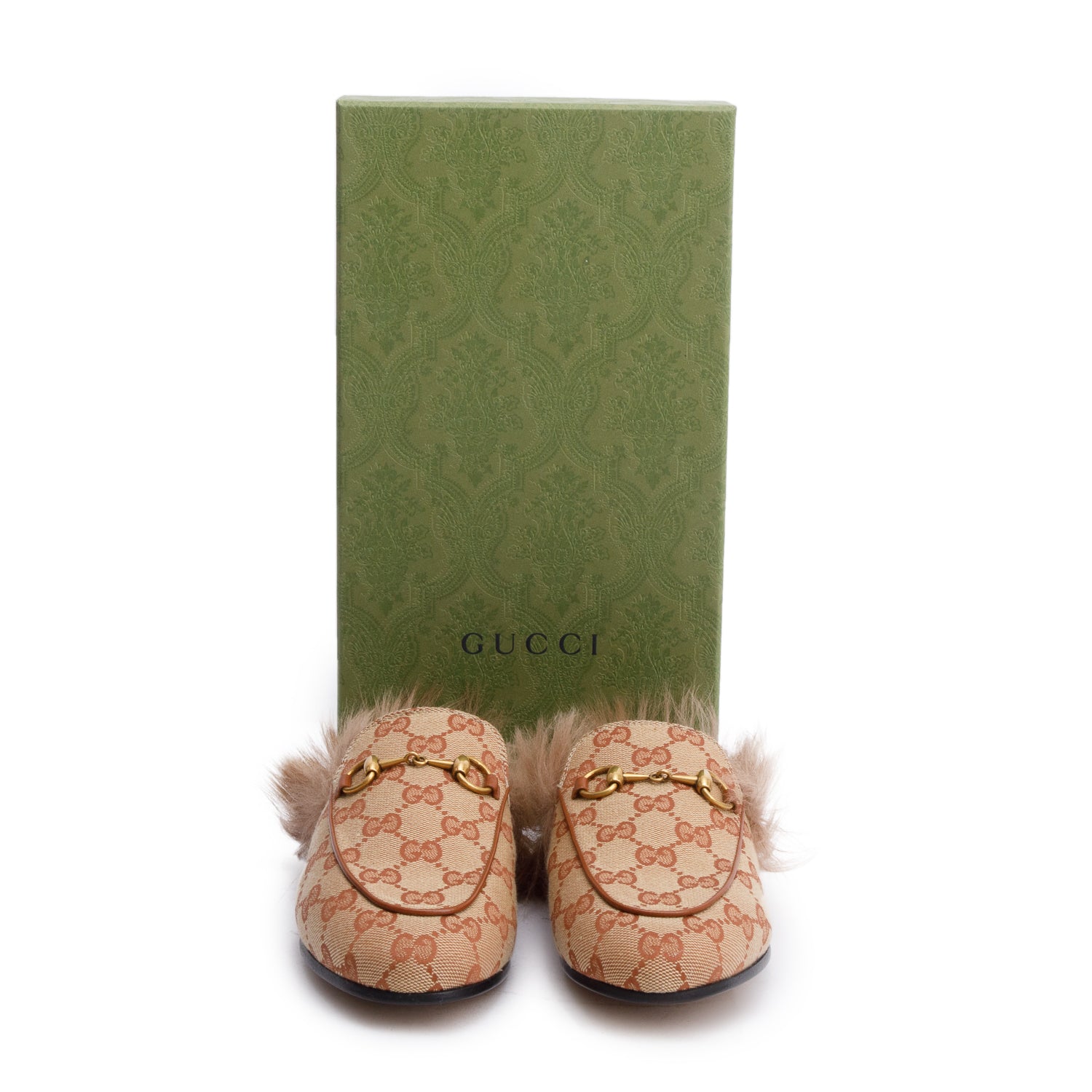 Gucci GG Canvas Fur Horsebit Princetown Mules, Size 36.5 w/ Box