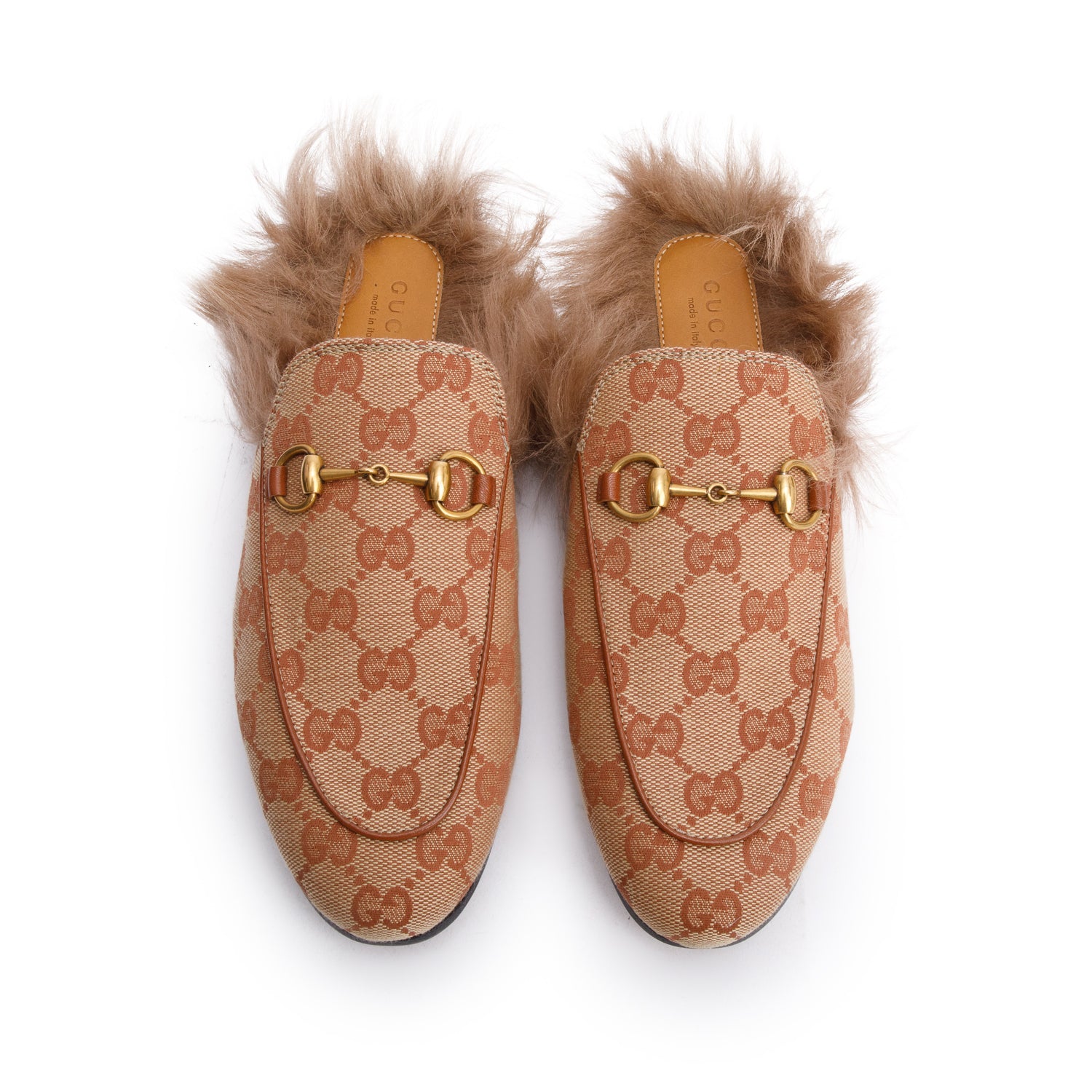 Gucci GG Canvas Fur Horsebit Princetown Mules, Size 36.5 w/ Box