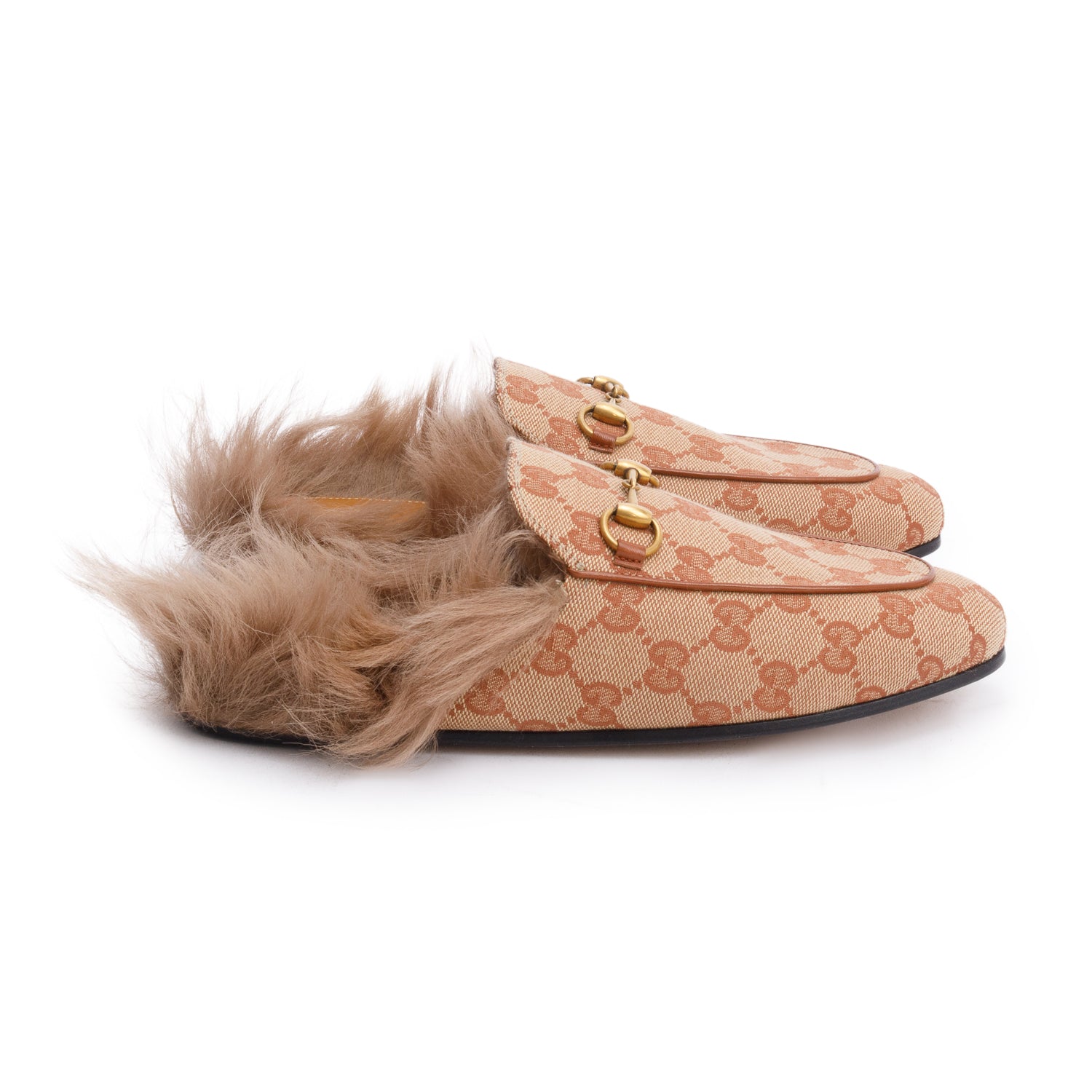 Gucci GG Canvas Fur Horsebit Princetown Mules, Size 36.5 w/ Box