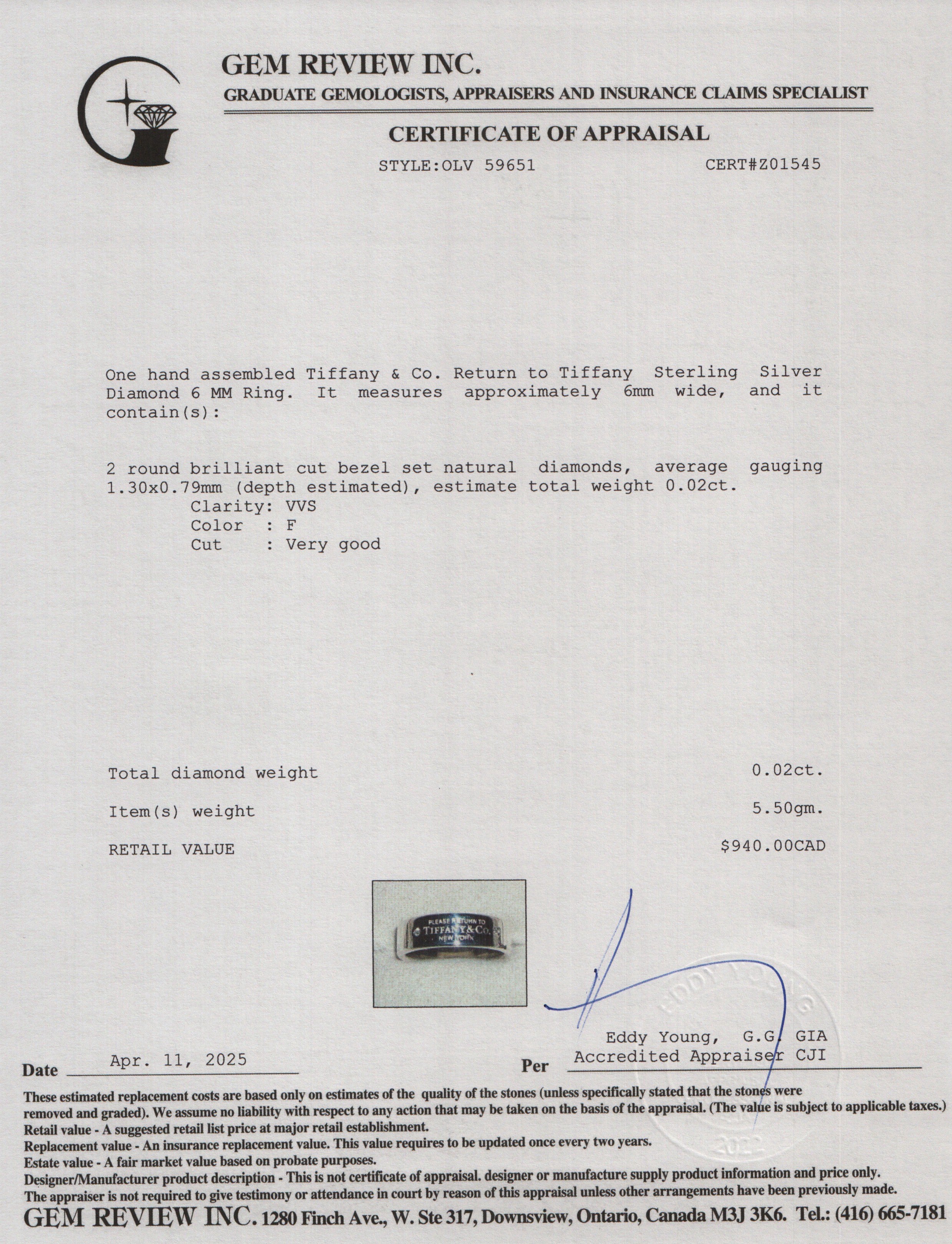 Tiffany & Co. Return to Tiffany Sterling Silver Diamond 6 MM Ring, Size 6.25