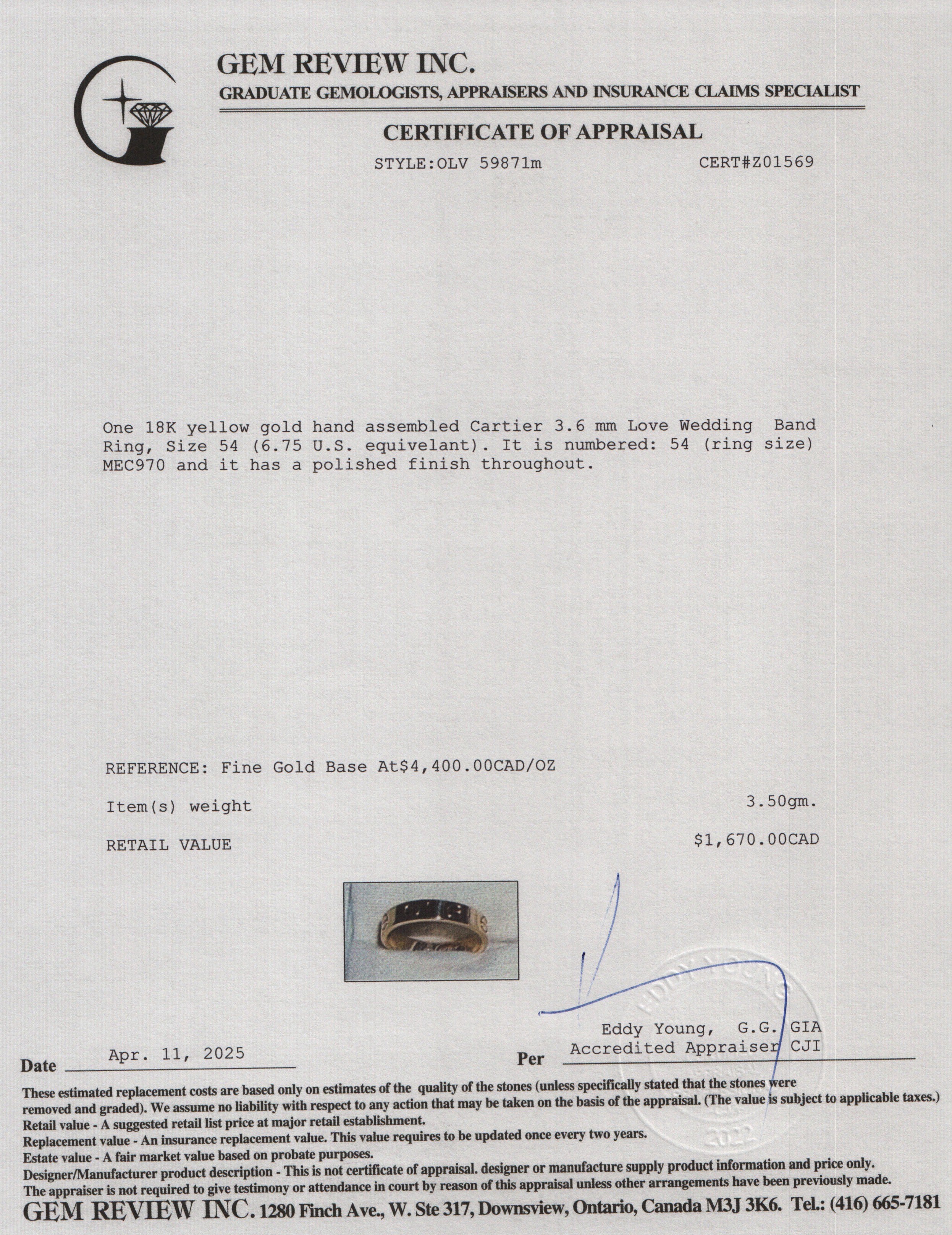 Cartier 18k Yellow Gold 3.6 mm Love Wedding Band Ring, Size 54 6.75 w/ Box & Certificate