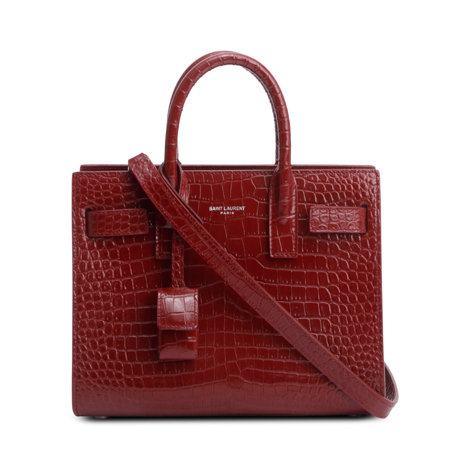Saint Laurent Burgundy Crocodile Embossed Leather Nano Sac De Jour w/ Strap