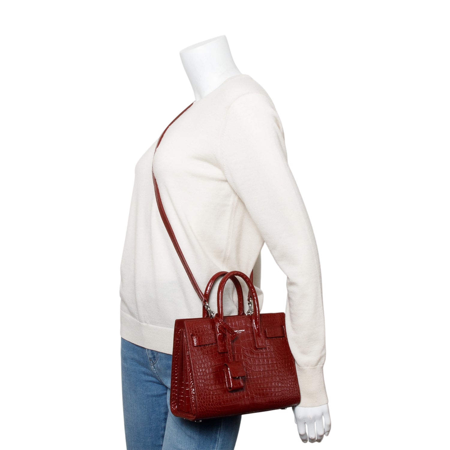 Saint Laurent Burgundy Crocodile Embossed Leather Nano Sac De Jour w/ Strap