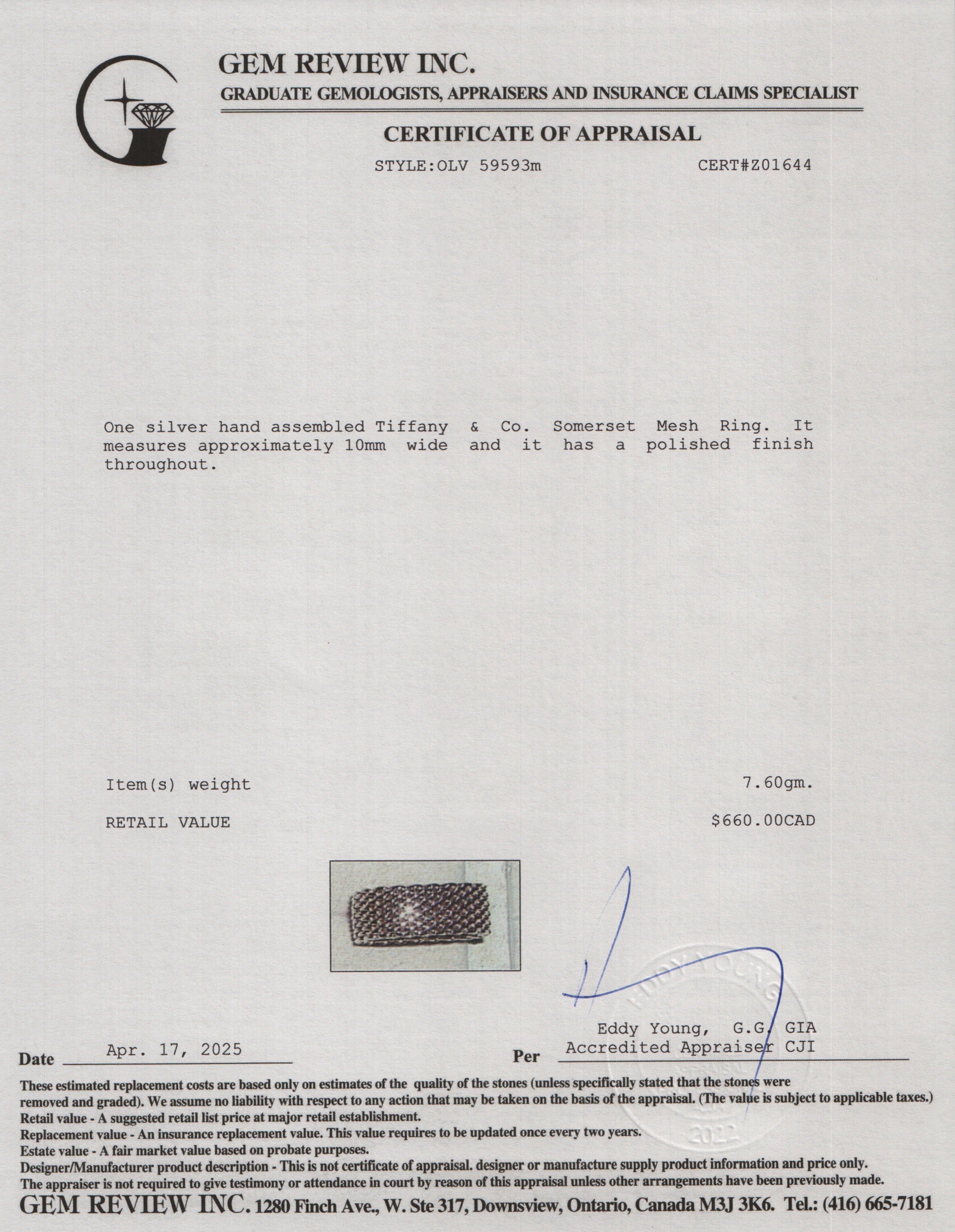 Tiffany & Co. Sterling Silver Somerset Mesh Ring, Size 5.5