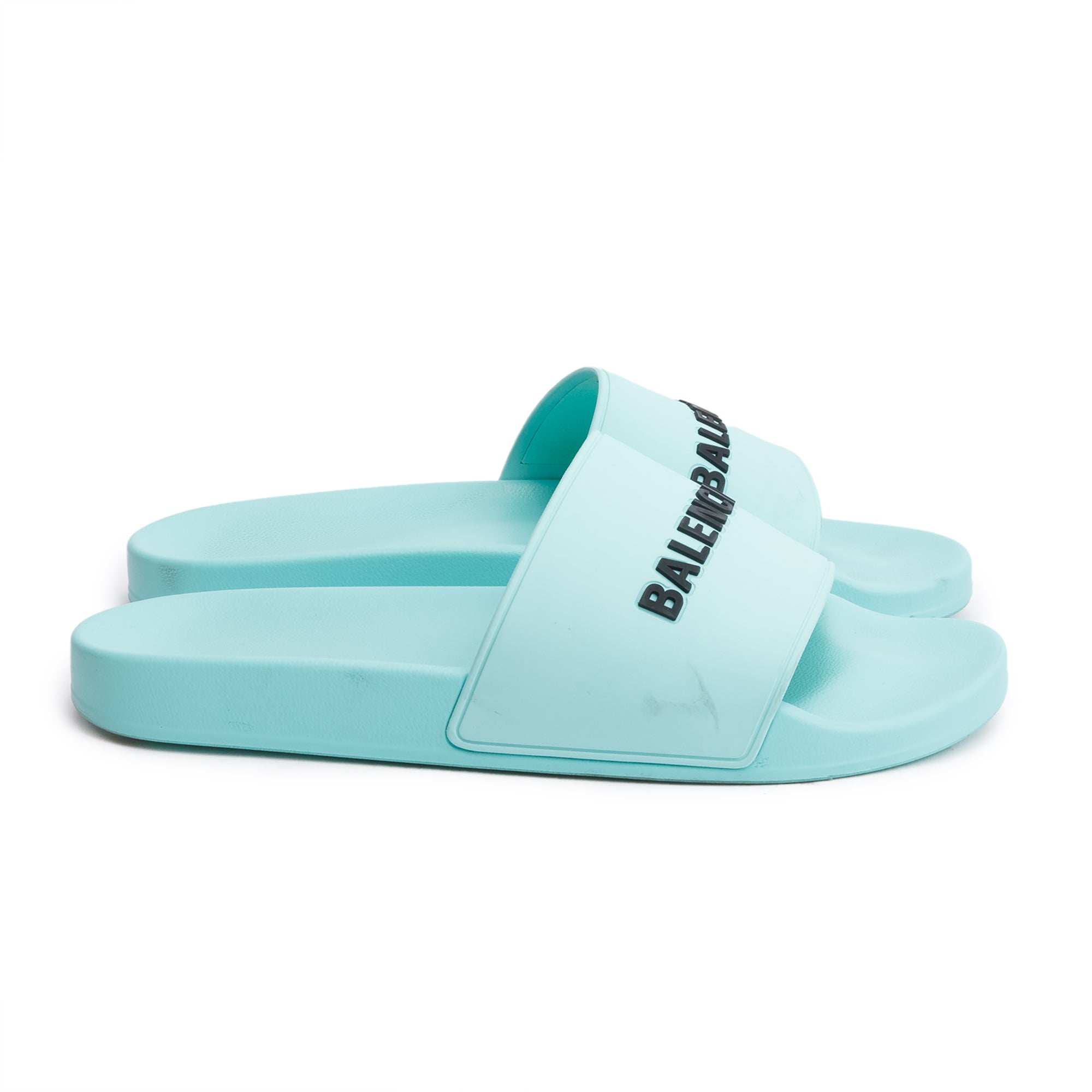 Balenciaga Mint Green Rubber Printed Logo Pool Slide Sandals, Size 45 w/ Box