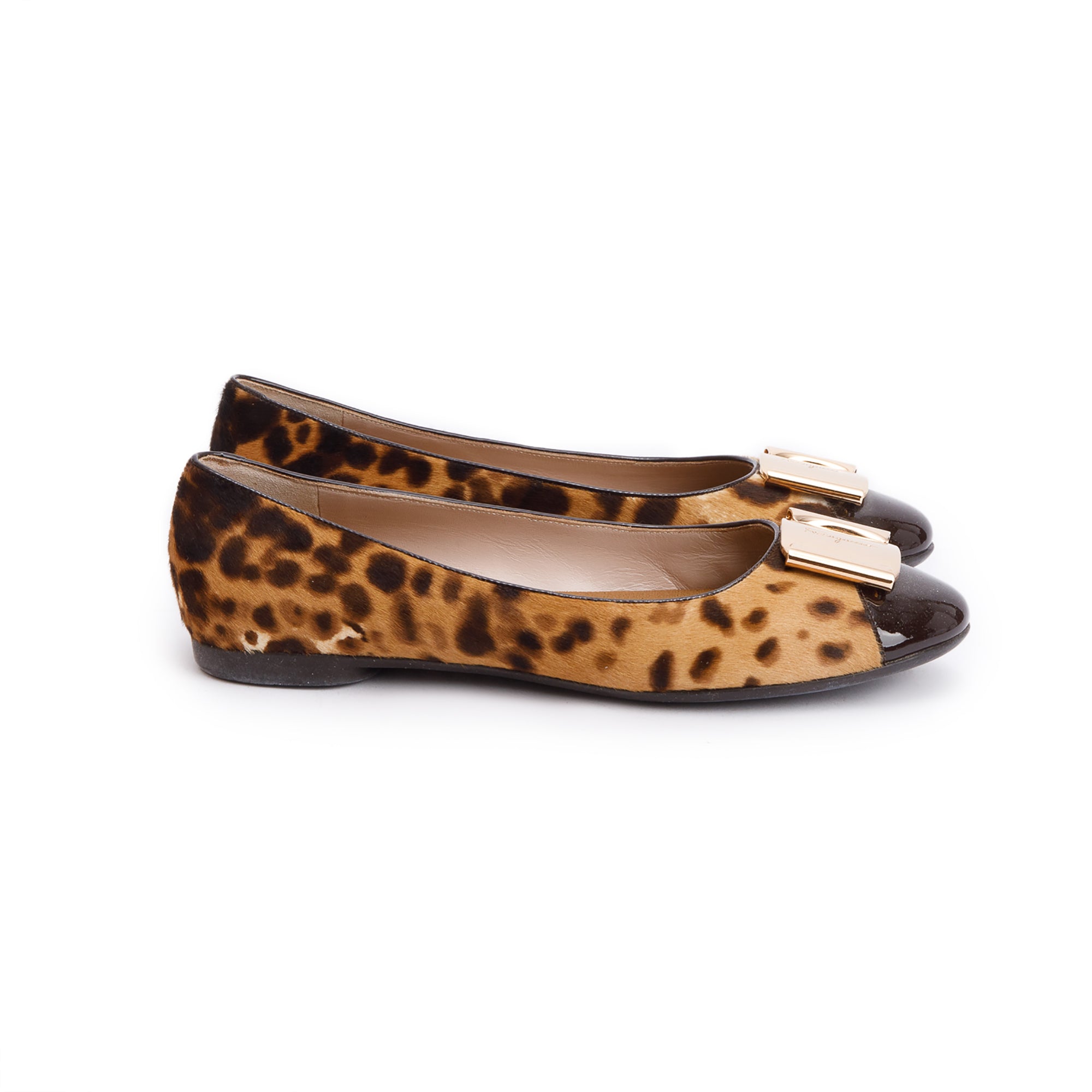 Salvatore Ferragamo Brown Loepard Print Pony Hair Vara Bow Flats, Size 9 w/ Box