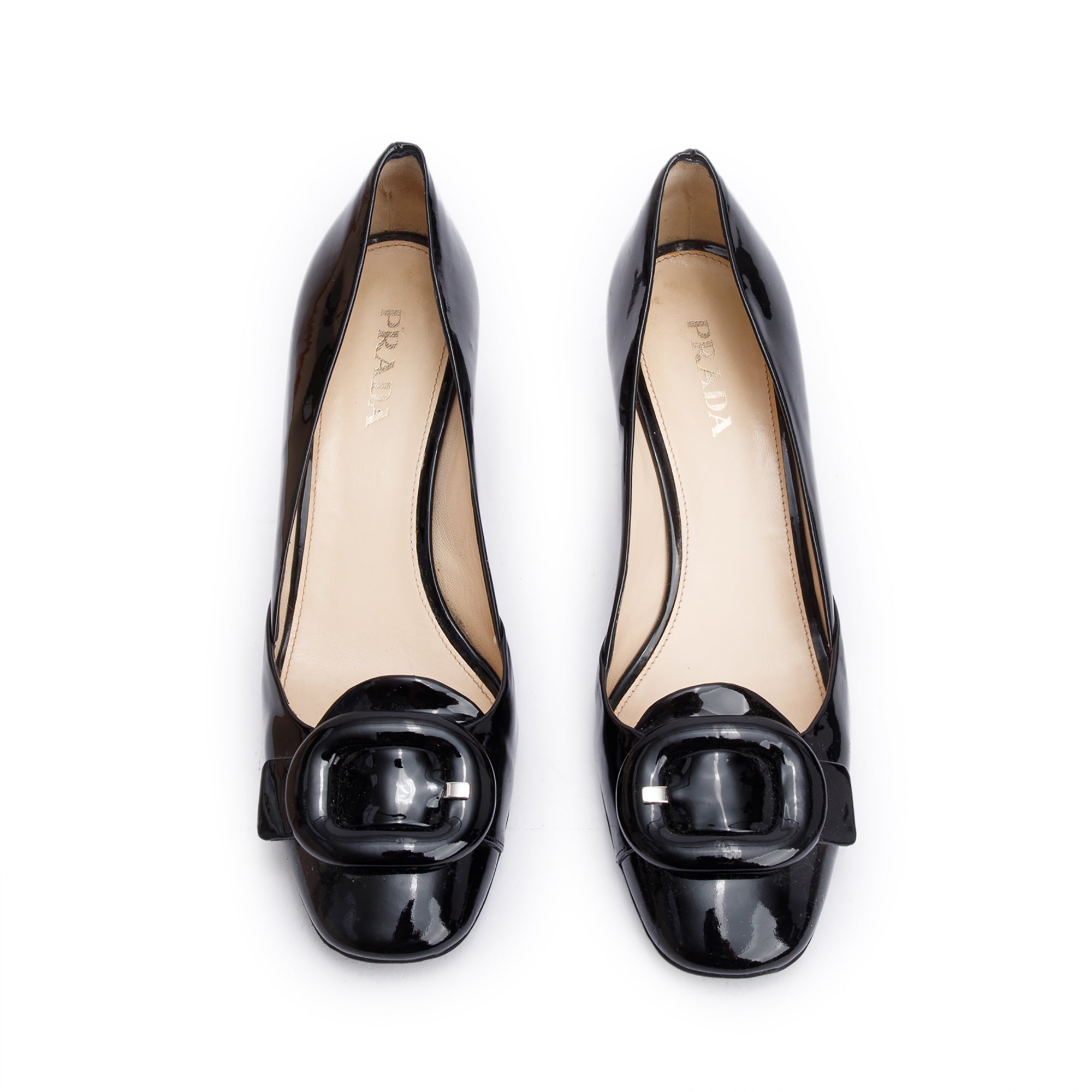 Prada Black Vernis Leather Buckle Accent Pump Shoes, Size 39 w/ Box