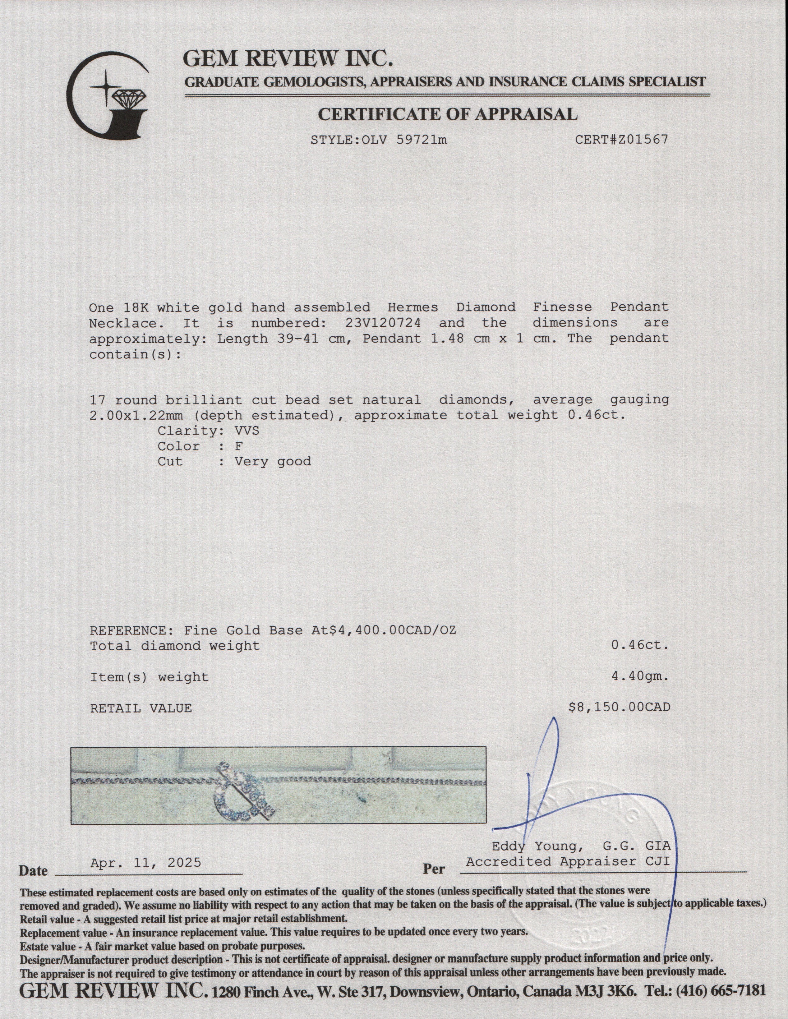 Hermes 2024 18k White Gold Diamond Finesse Pendant Necklace w/ Box & Certificate