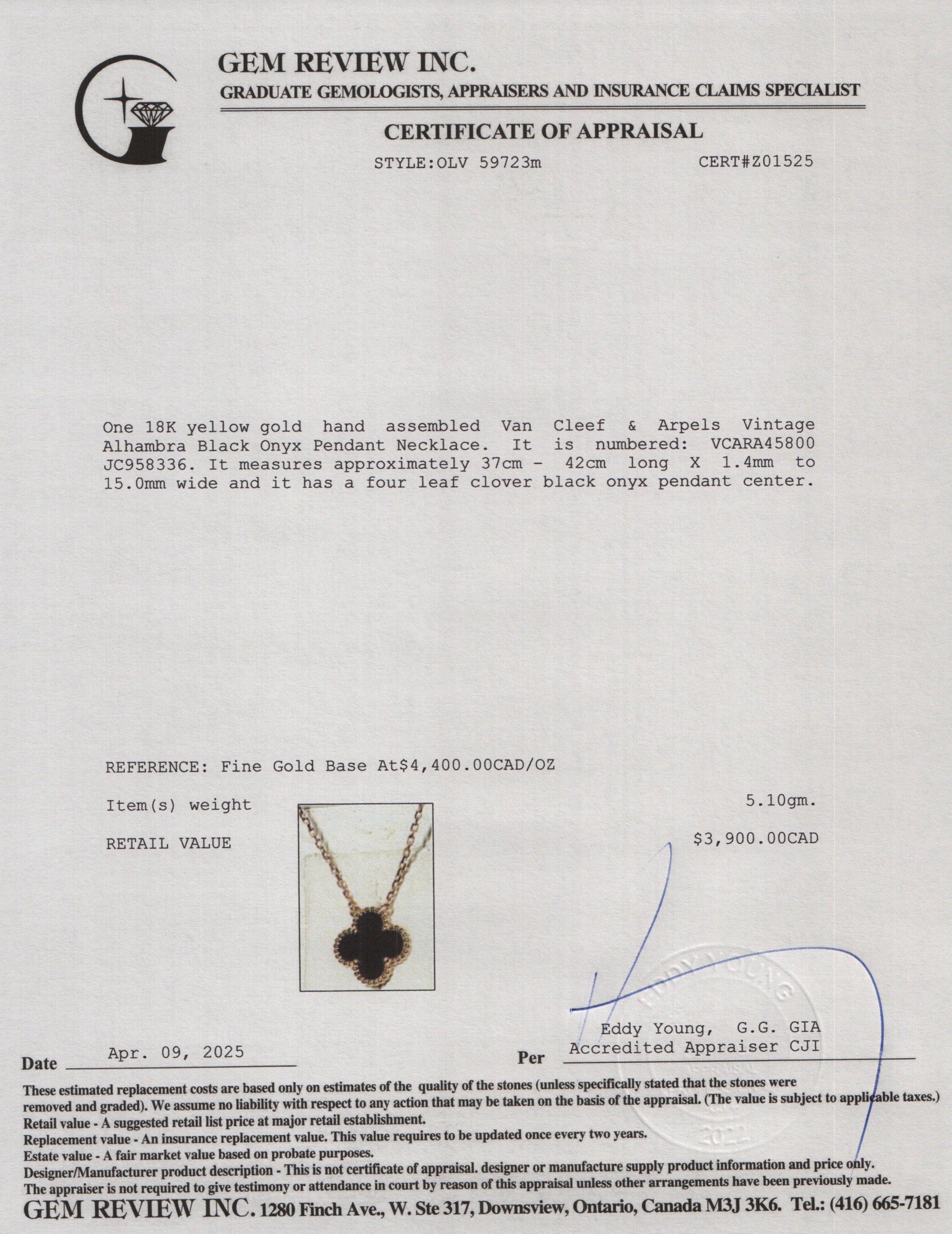 Van Cleef & Arpels 18k Yellow Gold Vintage Alhambra Black Onyx Pendant Necklace w/ Pouch, Receipt & Certificate