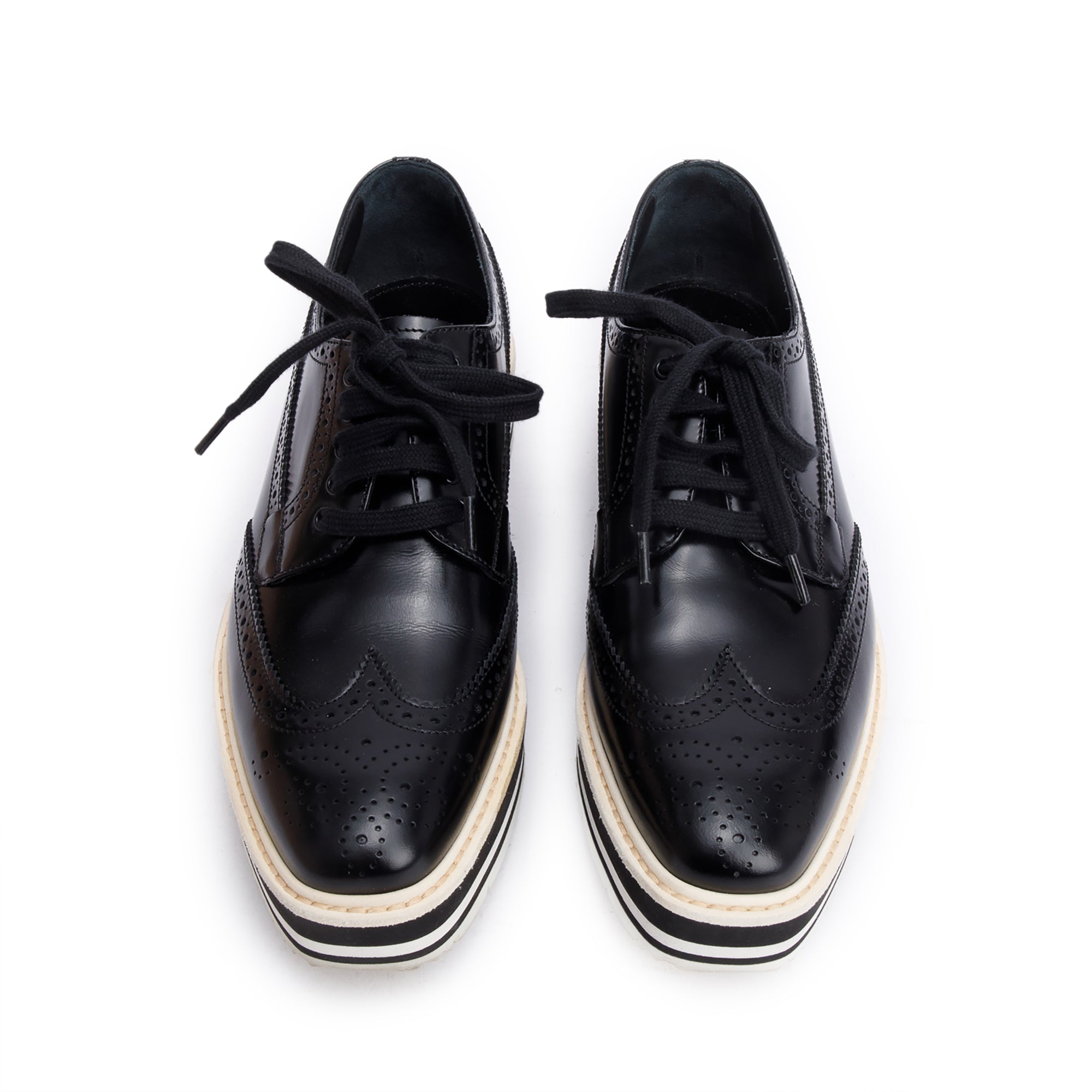 Prada Black Spazzolato Leather Eyelet Trim Laced Oxford Shoes, Size 7.5 w/ Box