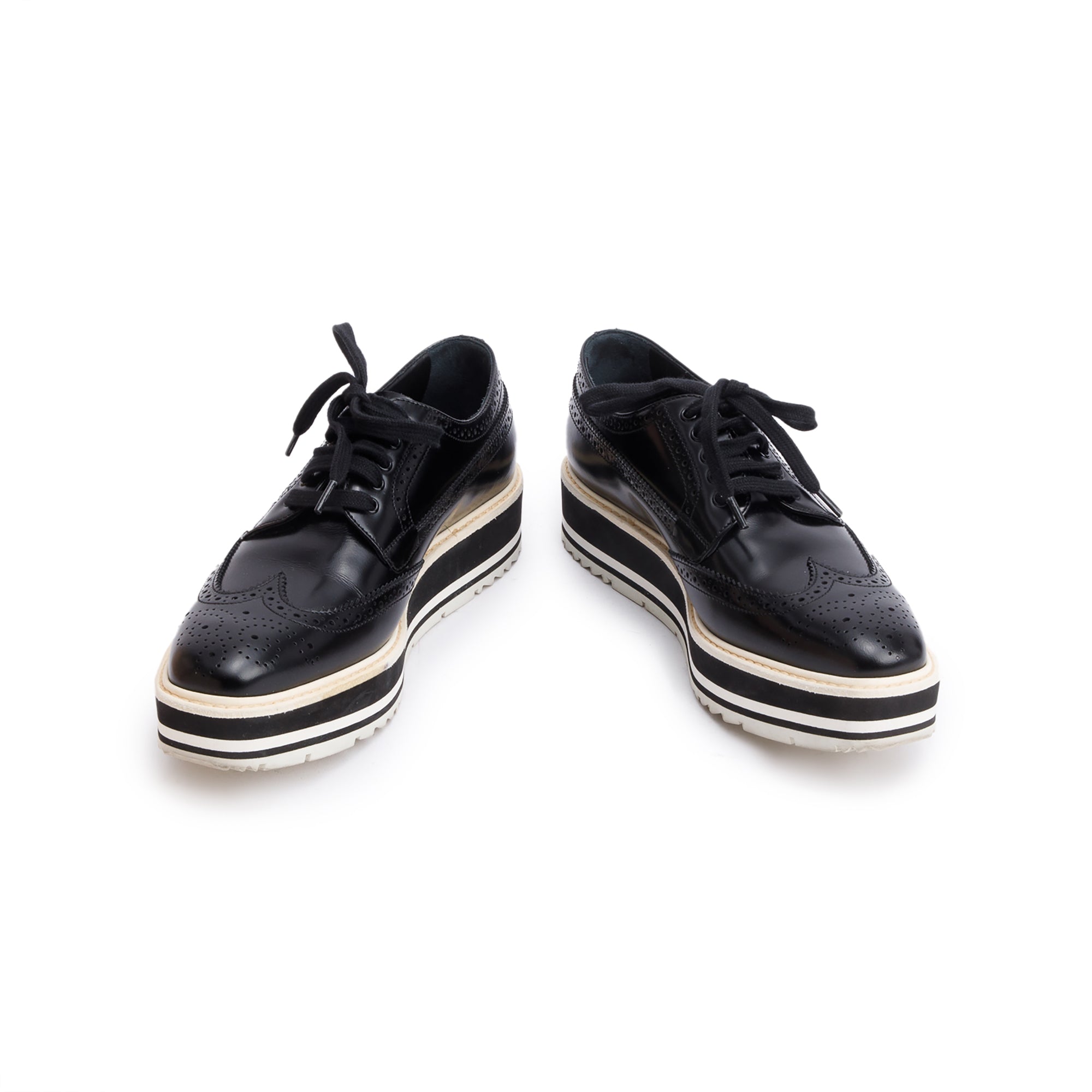 Prada Black Spazzolato Leather Eyelet Trim Laced Oxford Shoes, Size 7.5 w/ Box