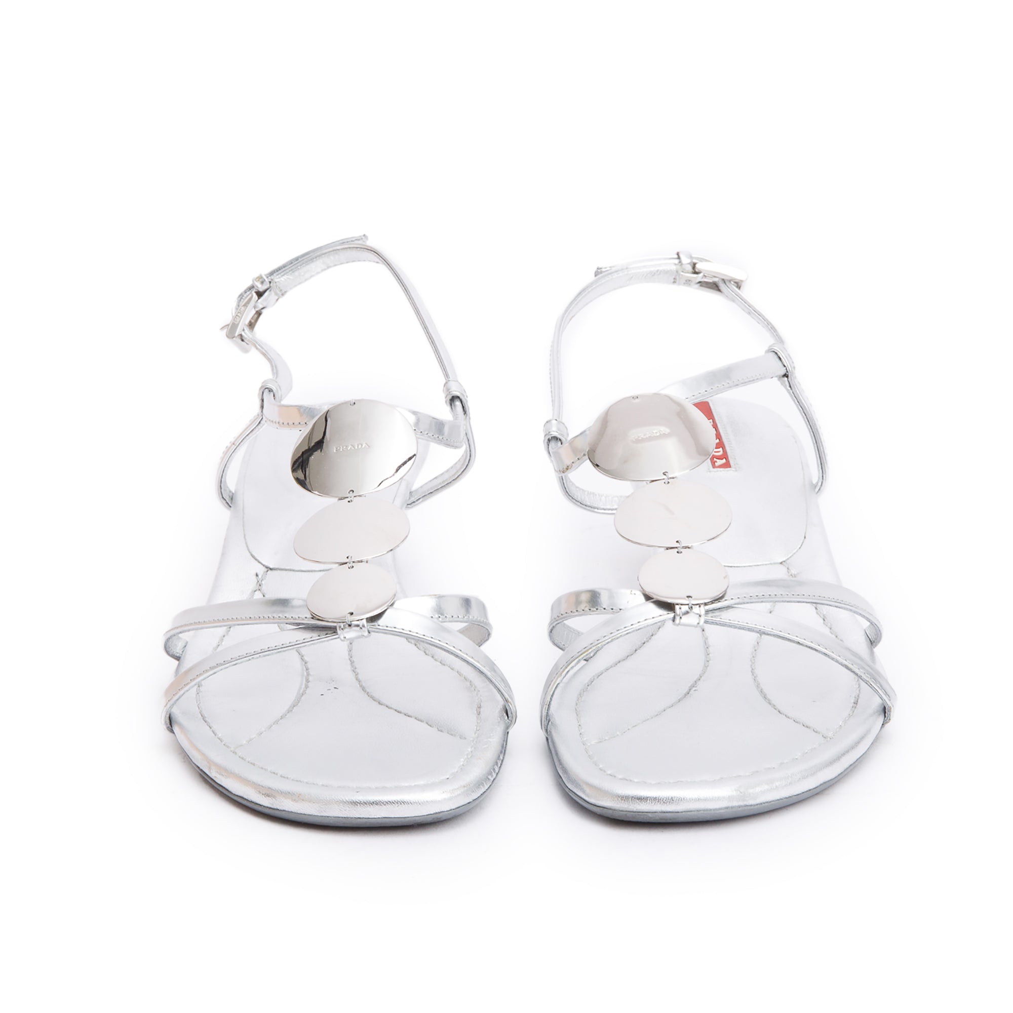 Prada Silver Patent Leather Sling Back Sandals, Size 39 w/ Box