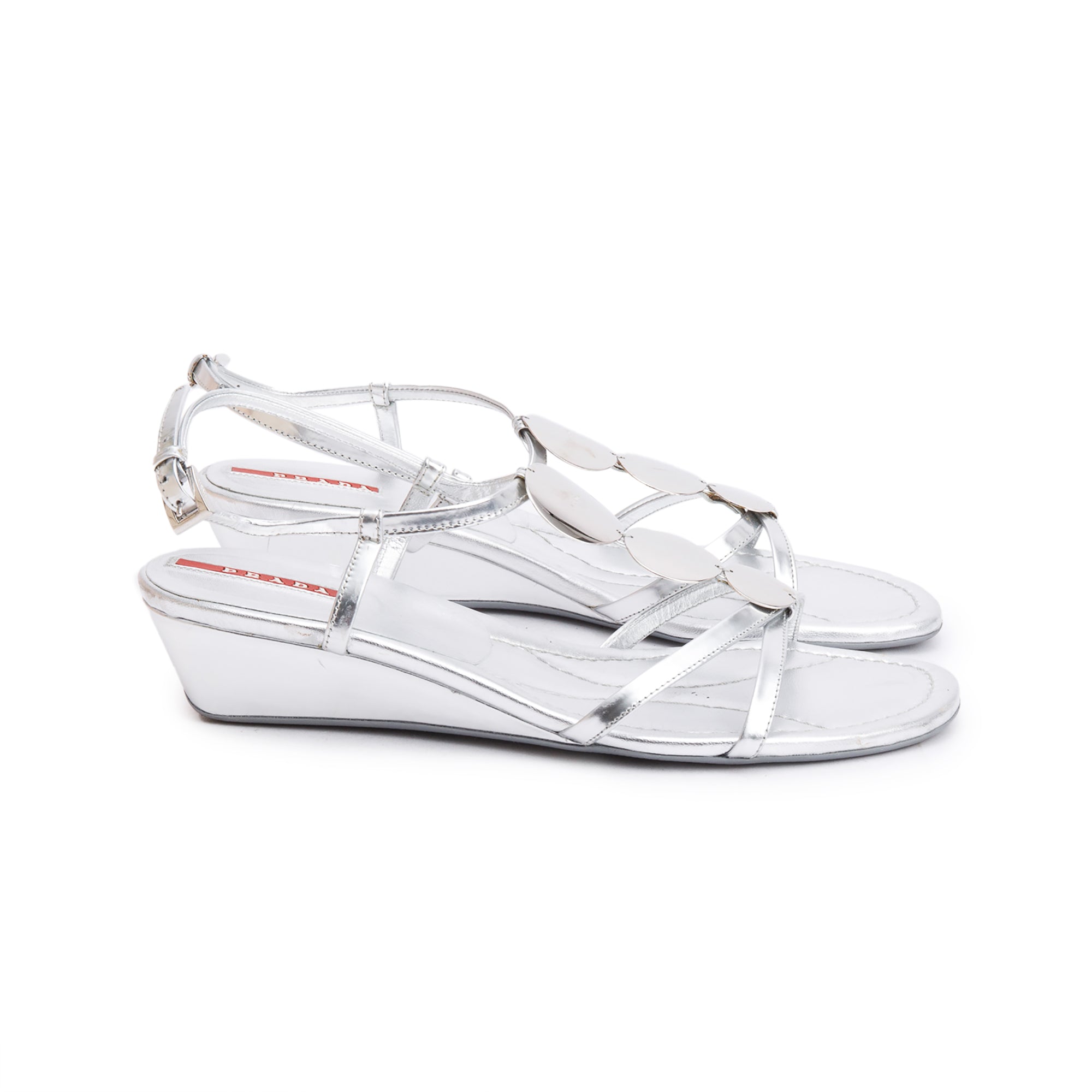 Prada Silver Patent Leather Sling Back Sandals, Size 39 w/ Box