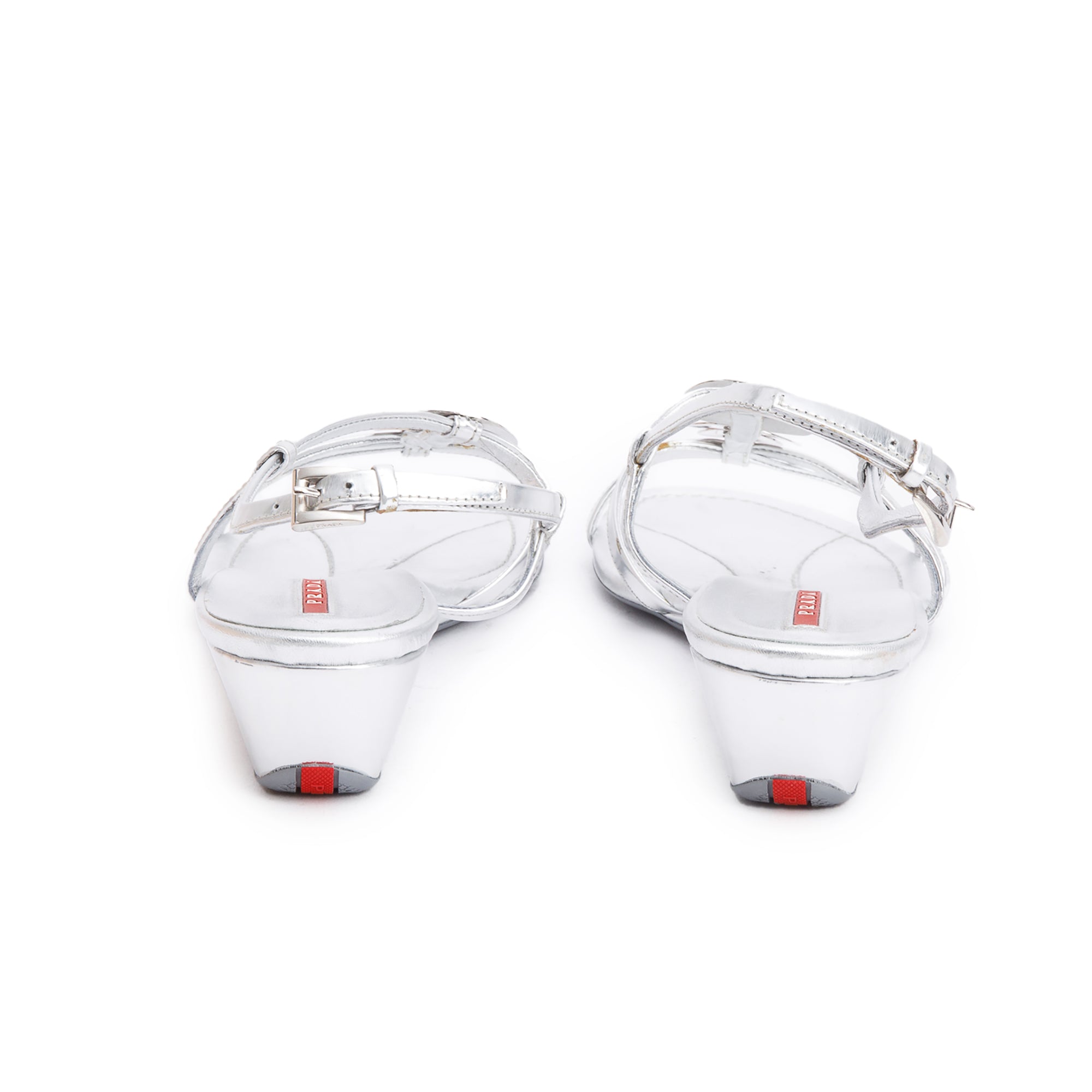 Prada Silver Patent Leather Sling Back Sandals, Size 39 w/ Box