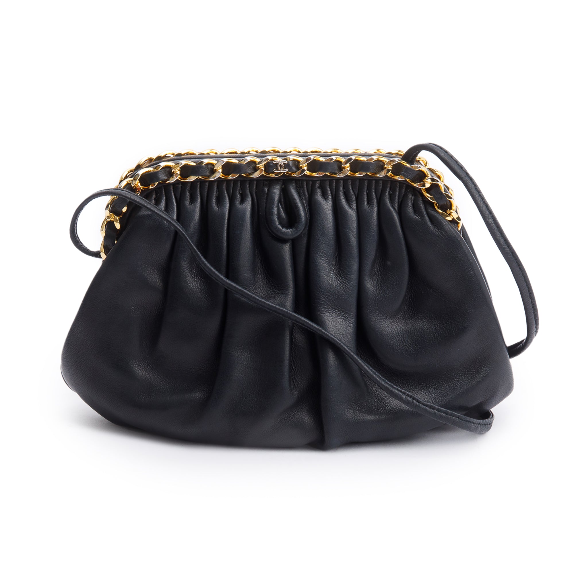 Chanel Black Lambskin Leather Chain-Link Frame Clutch Crossbody