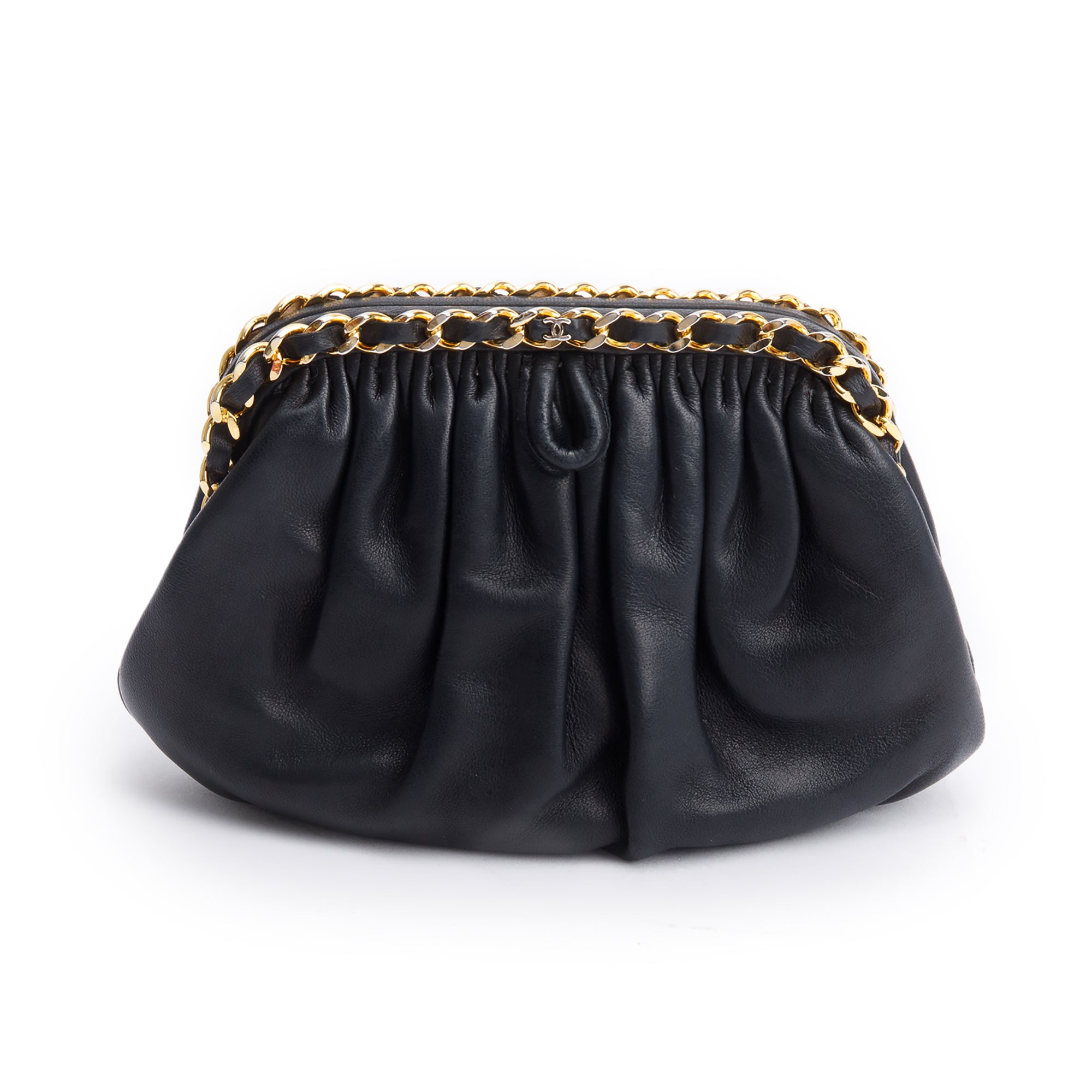 Chanel Black Lambskin Leather Chain-Link Frame Clutch Crossbody